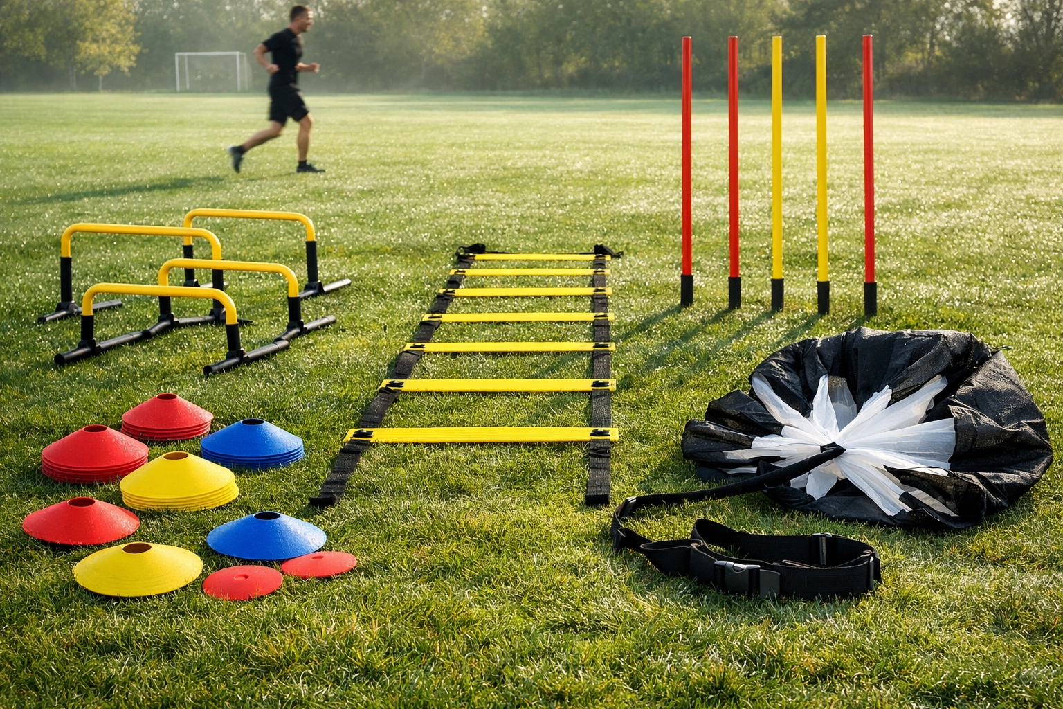 Complete speed and agility training kit including ladder, cones, hurdles, and parachute on field