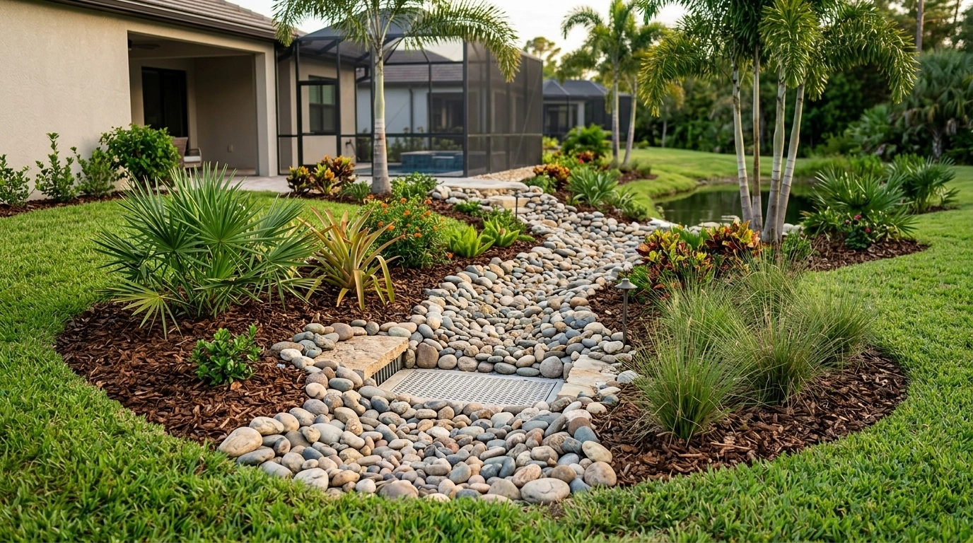 A beautiful, professionally integrated drainage solution where a dry creek bed acts as a functional swale among tropical landscaping.