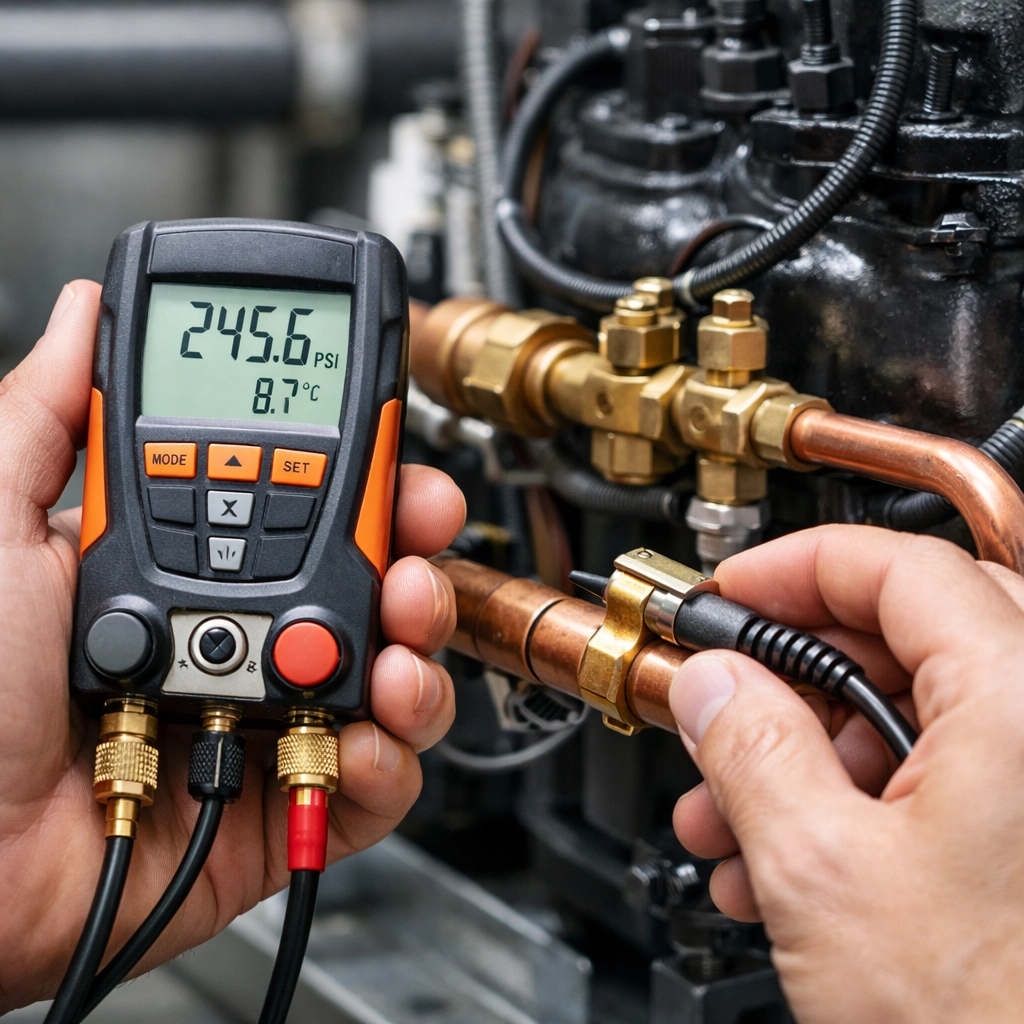 Expert Hawaii refrigeration maintenance using professional tools to inspect a commercial cooling system.