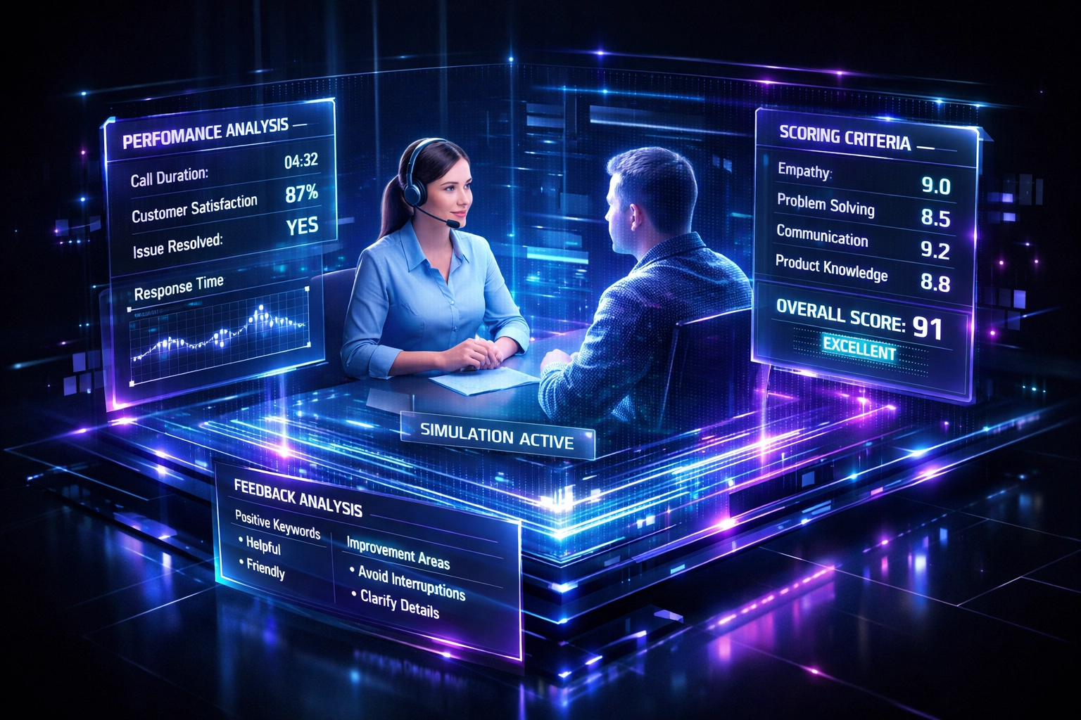 AI-powered work simulation showing customer service assessment with performance metrics and scoring interface