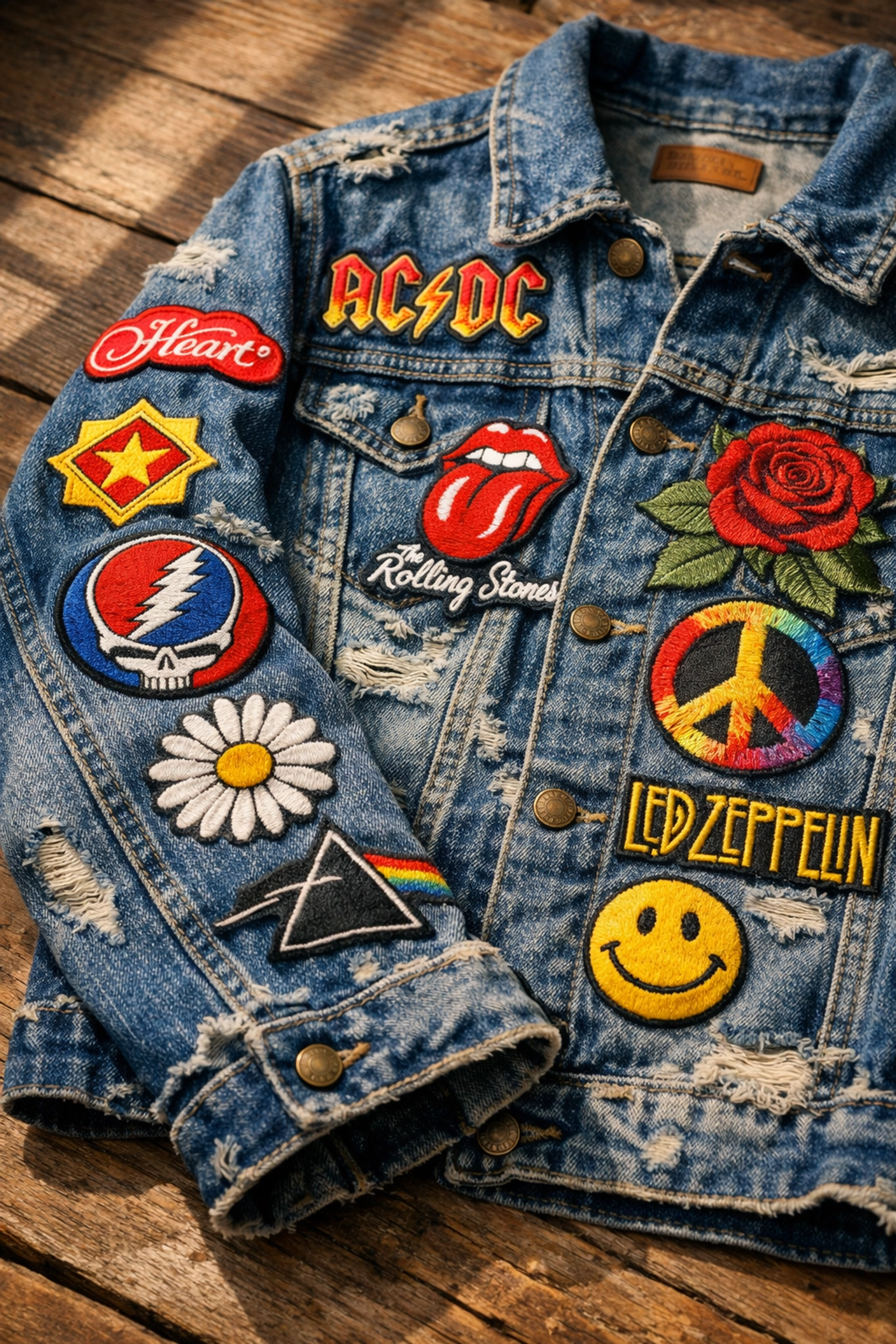 Denim jacket with colorful custom patches embroidery on sleeves and chest