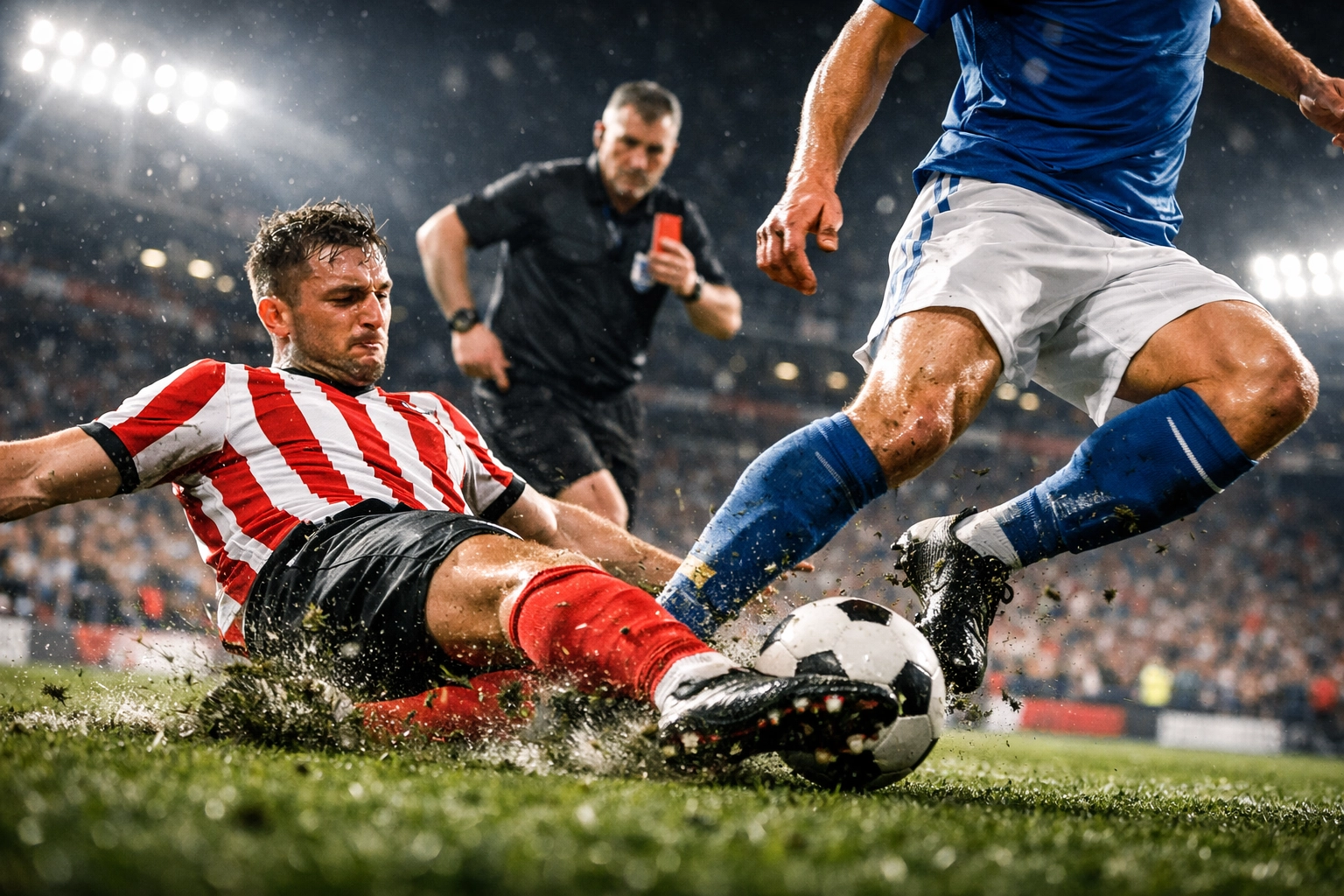 Verteidiger im Zweikampf mit Schiedsrichter im Hintergrund bei LaLiga-Spiel