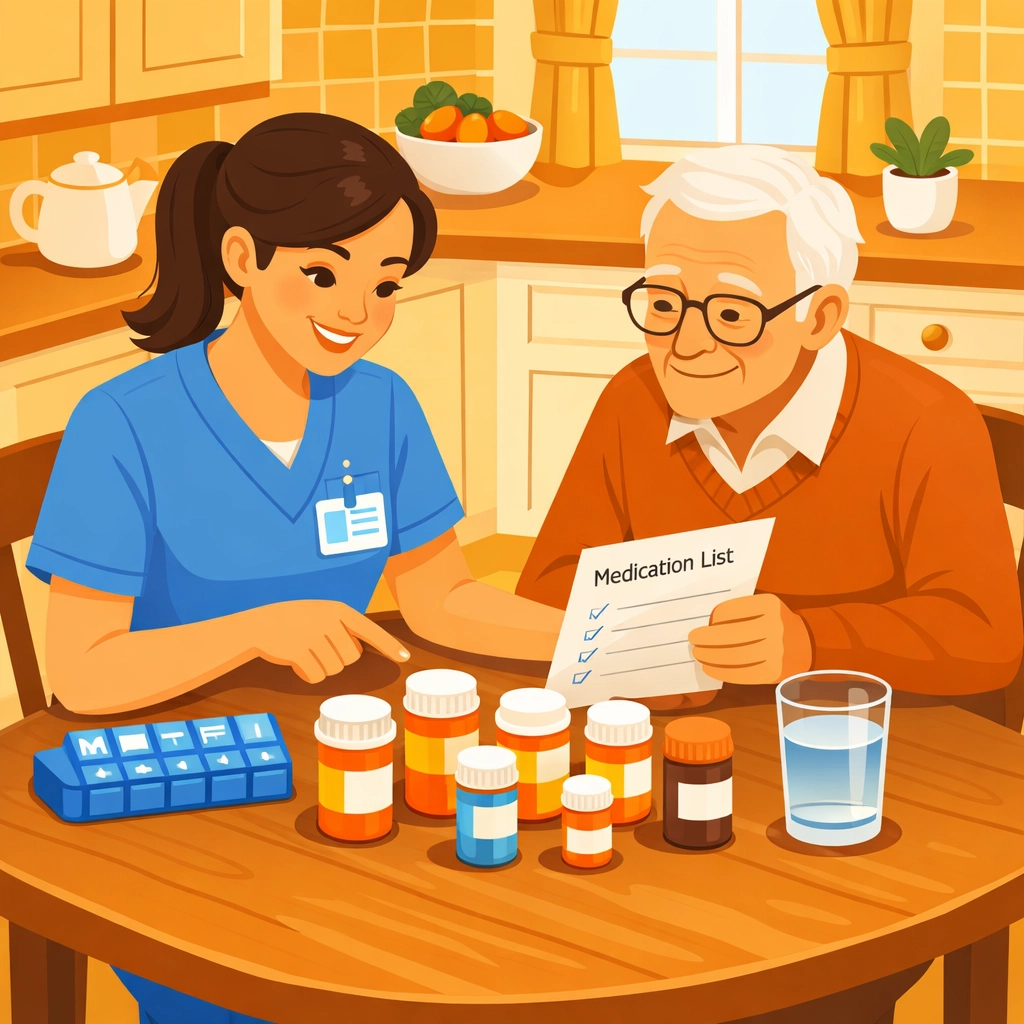 Registered nurse reviewing medications with senior patient during home care assessment