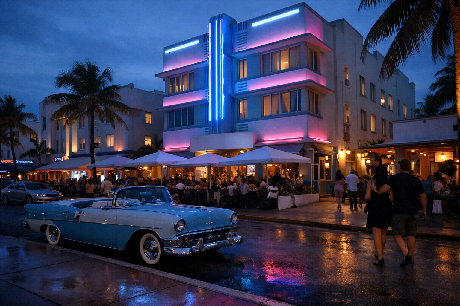Neon lights glow at the Colony Hotel on Ocean Drive, a top Miami photography location in South Beach.