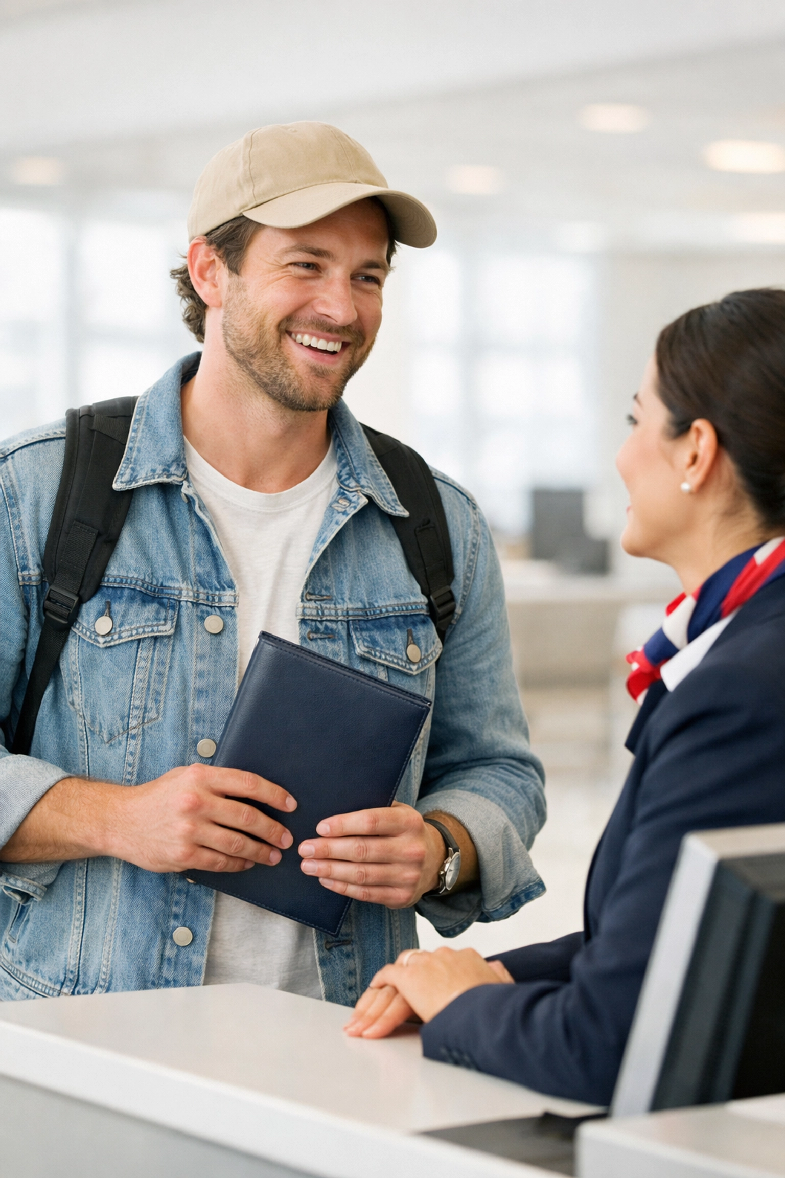 A happy traveler discussing scuba gear baggage policies with a helpful airline agent.