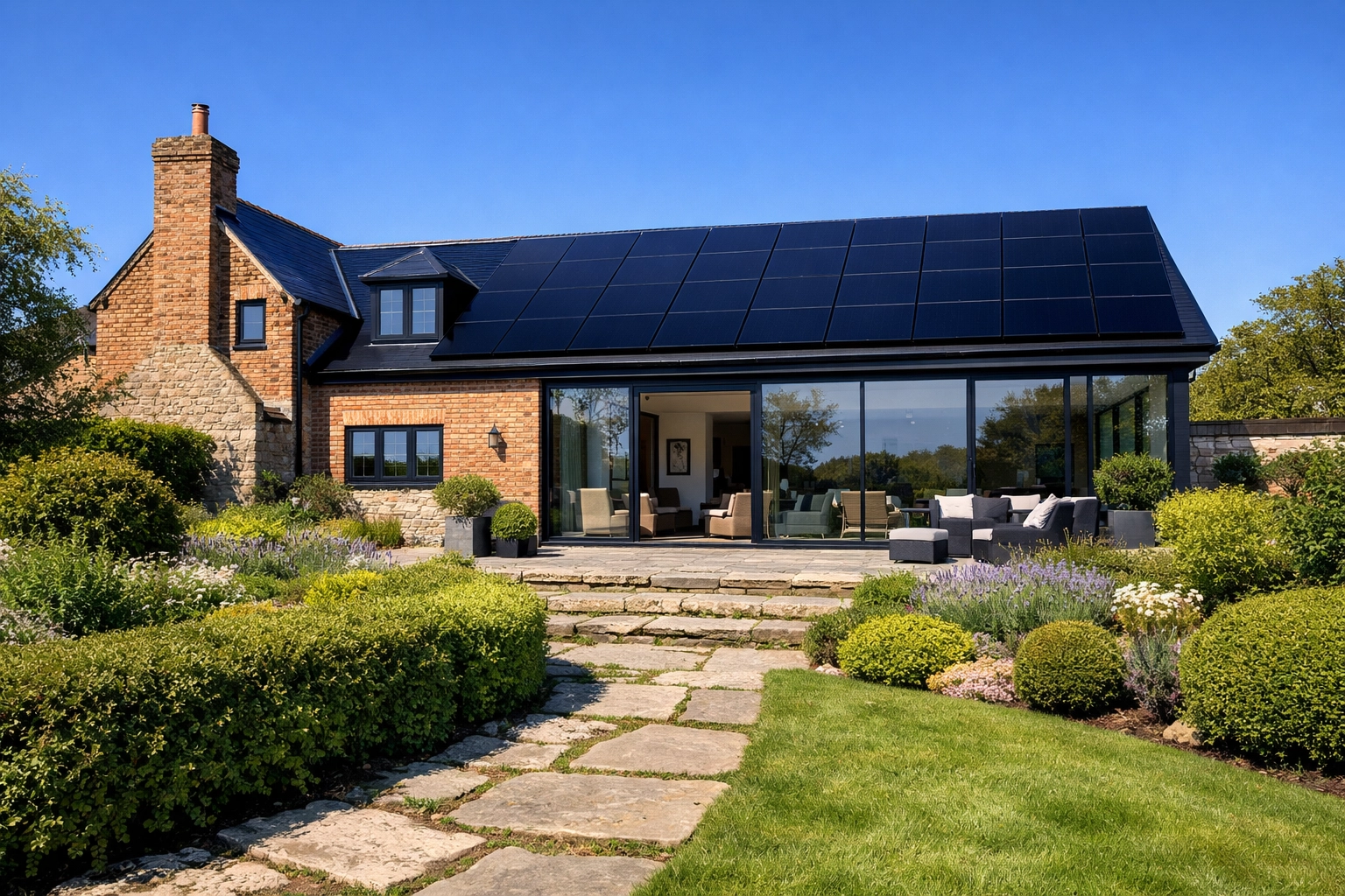 Sleek all-black solar panels installed on a residential roof in Dorset, representing a secure energy investment.