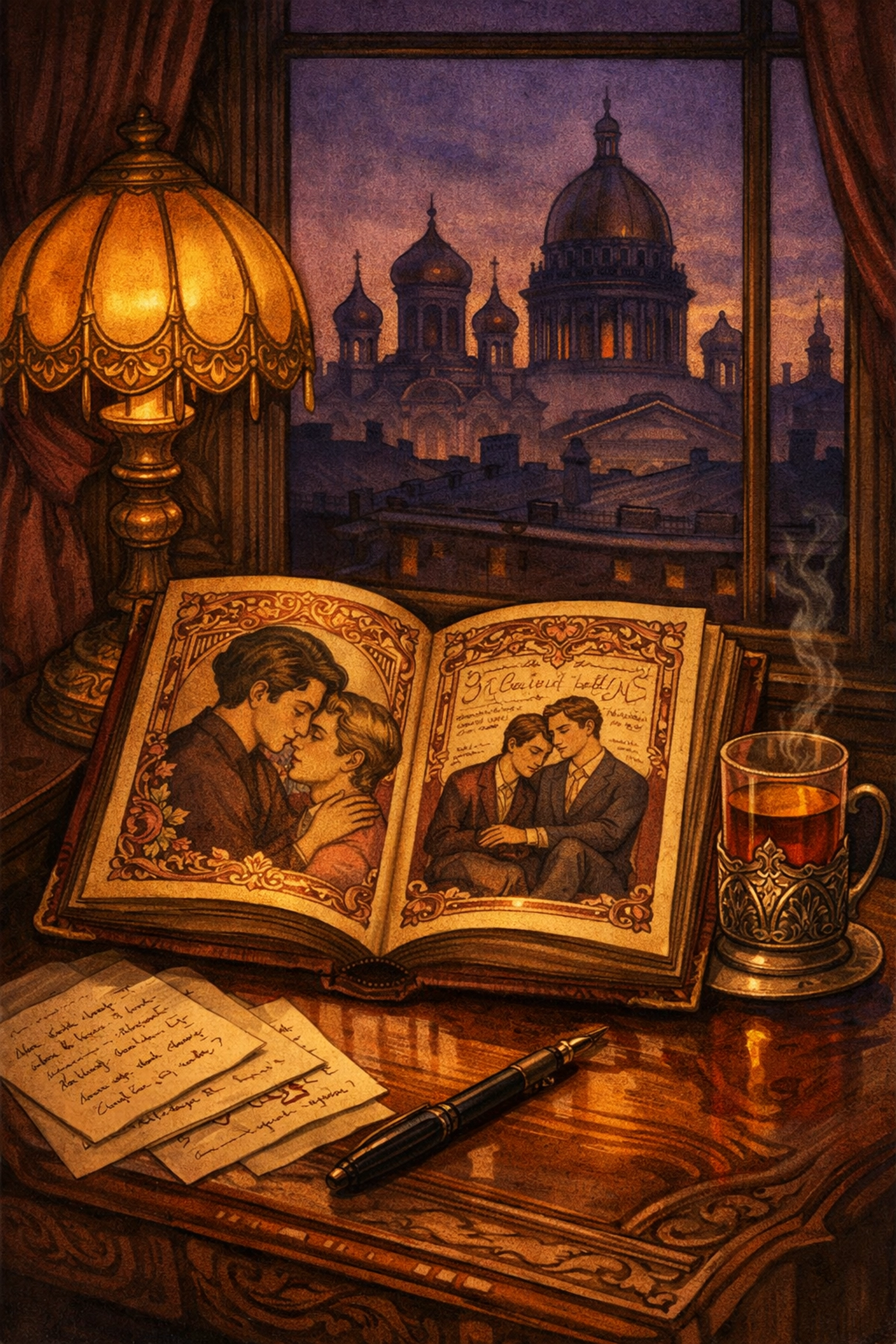 Mikhail Kuzmin's Wings novel on desk in 1900s St. Petersburg, first Russian gay romance book