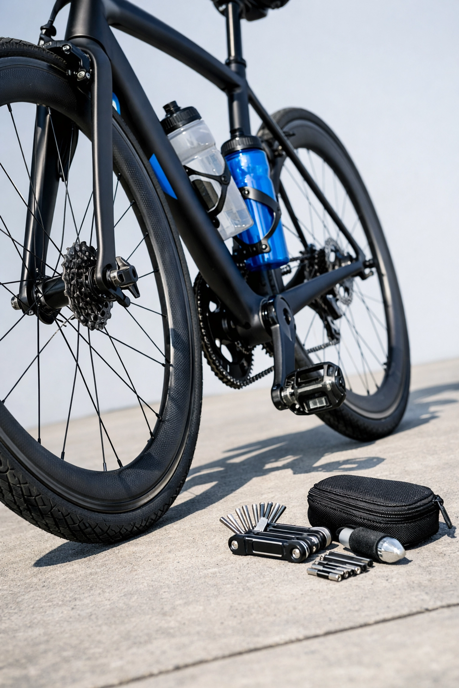 Road bike with water bottles and repair kit essentials for triathlon training