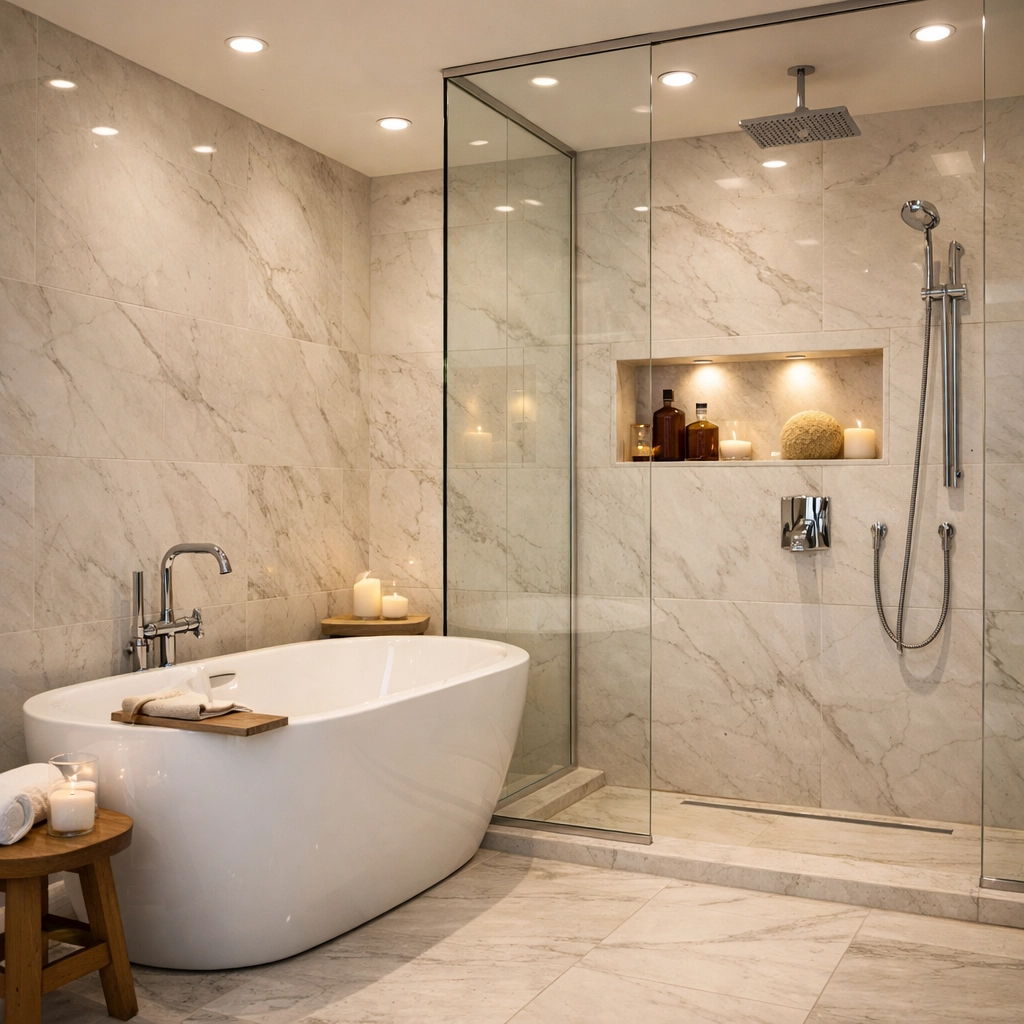 Modern bathroom renovation Orlando showcasing a spa-style wet room with a freestanding soaking tub.