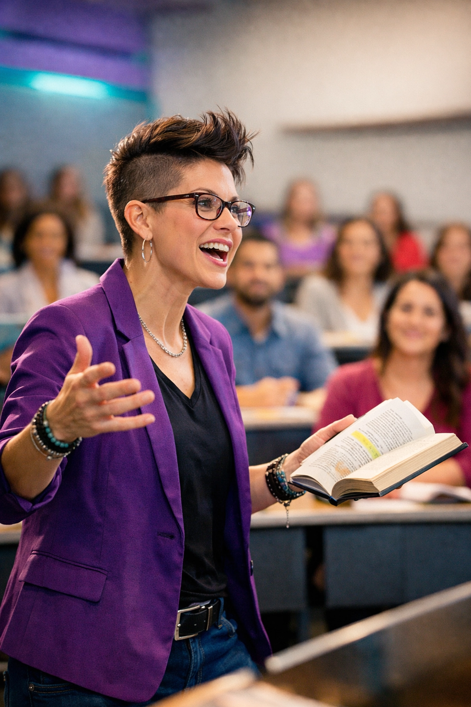A lesbian educator leading an inclusive academic seminar to integrate queer education in professional development.