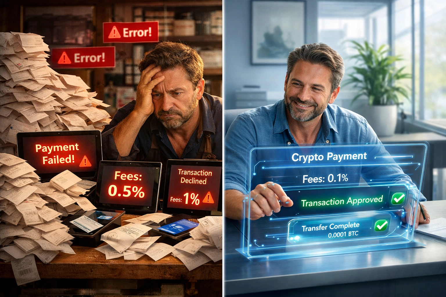Comparison of traditional vs modern crypto payment processing showing reduced merchant fees