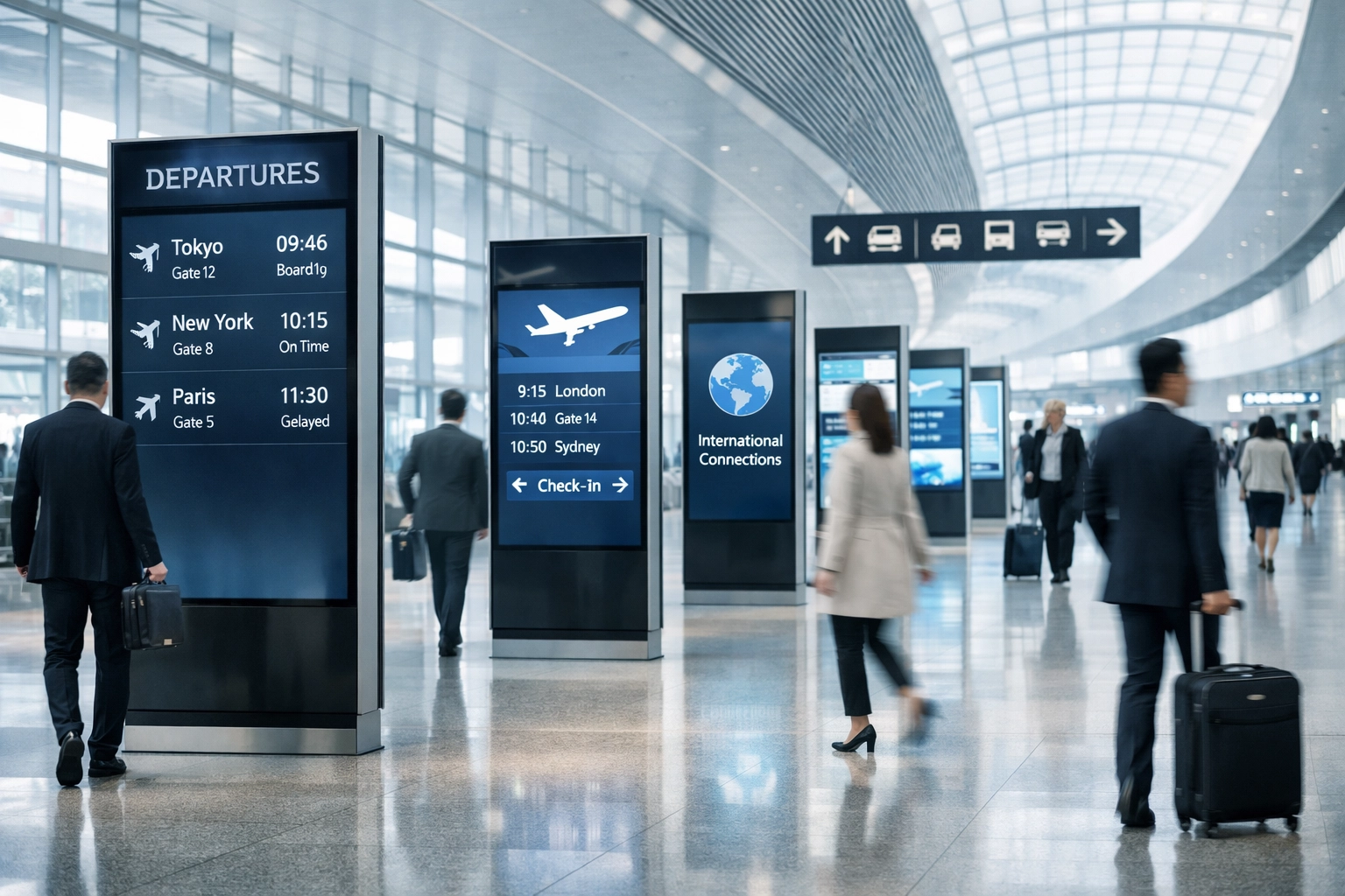 Vertical digital signage units in a modern transportation hub illustrating a global DOOH advertising network.