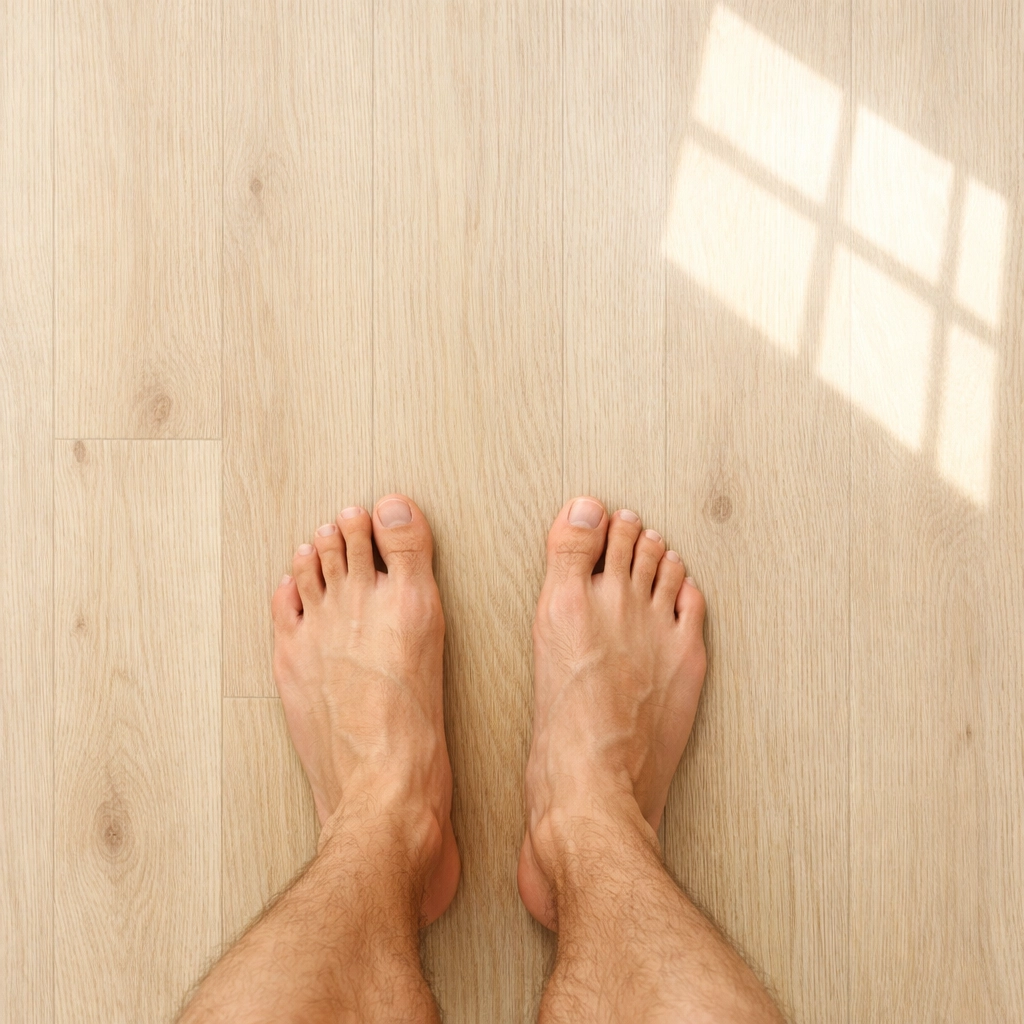 Bare feet on a wooden floor, showing grounding techniques used in somatic experiencing for stress relief.
