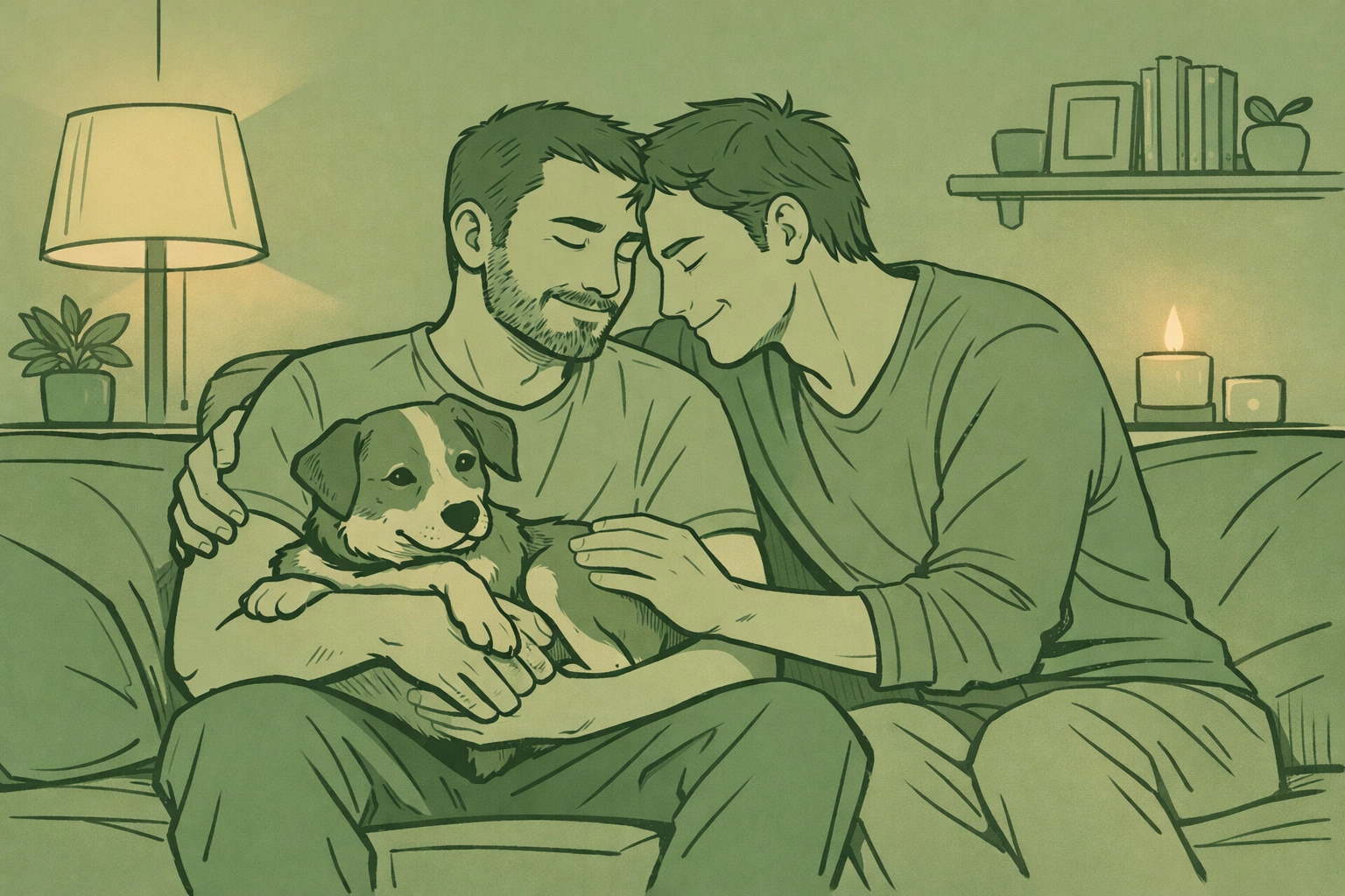 Gay couple at home with rescue dog building new life together in Manchester