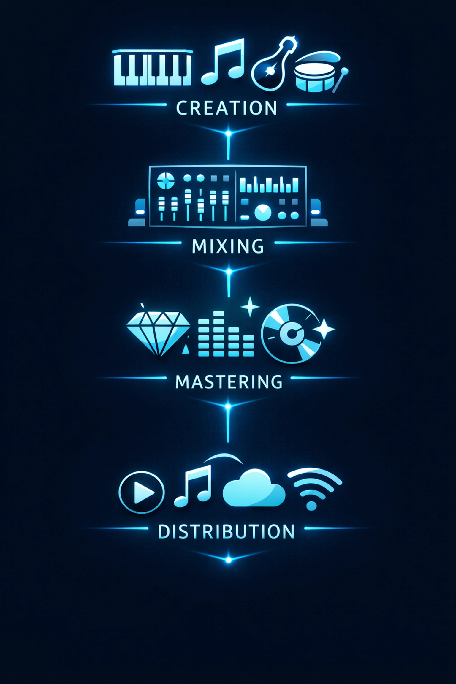 Complete music production workflow from creation through mixing, mastering, and distribution