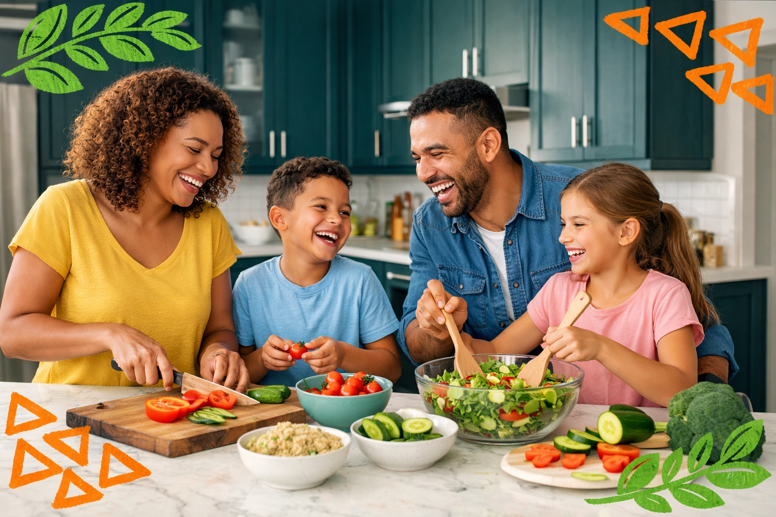 Diverse family bonding in the kitchen, showing the value of intentional parenting and life skills.