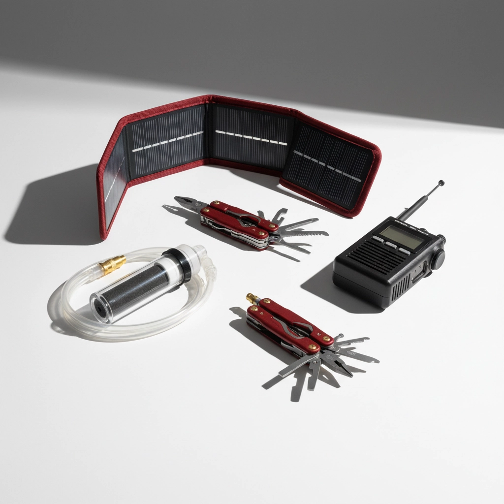 A picture of various items on a white table: a small foldable solar panel, two multi-tools, a walkie-talkie and a portable water-filtration system. Smart Survival: Integrating Tech with Traditional Prepping for Single Women