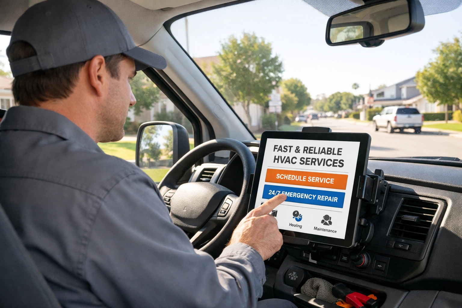 HVAC technician viewing a readable, high-contrast service website on a tablet inside a professional work van.