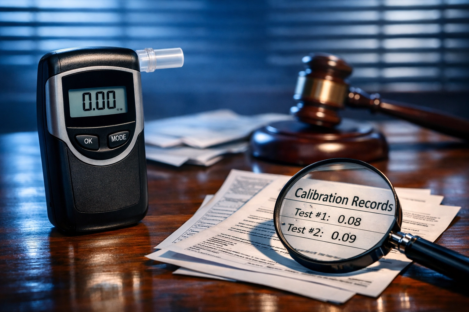 Examining breathalyzer evidence for DUI defense case with legal documents and gavel