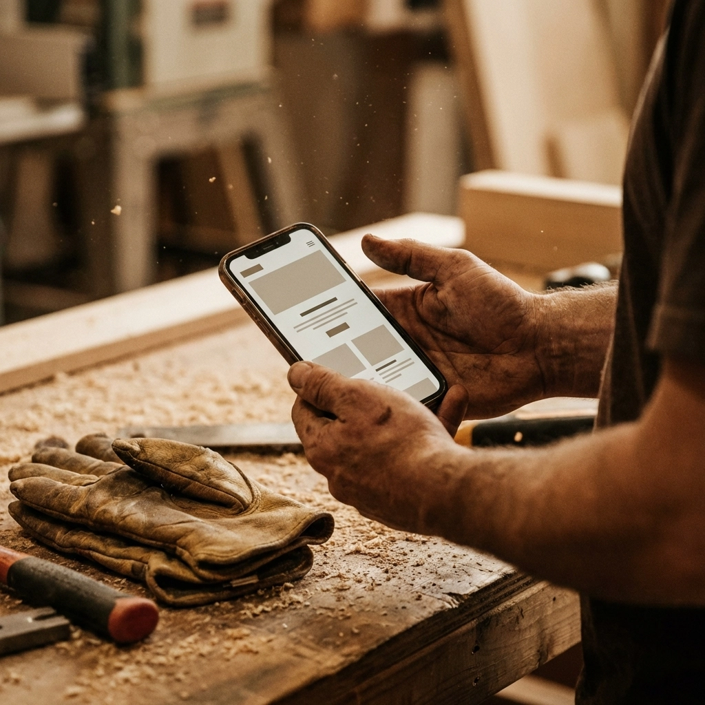 Close-up of contractor holding smartphone with clean website design in a woodworking shop