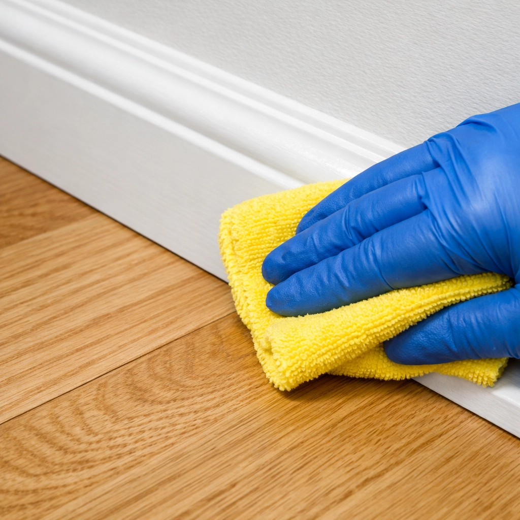 Close-up of a worker hand-wiping dust from baseboards during post construction cleaning Littleton for a perfect finish.