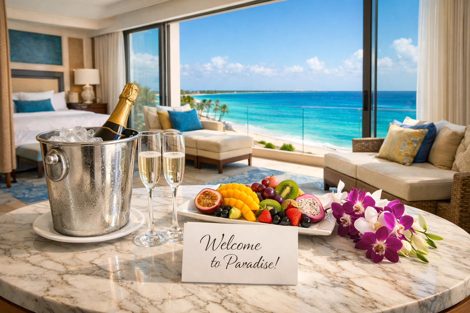 Luxury hotel suite upgrade with complimentary amenities and ocean view