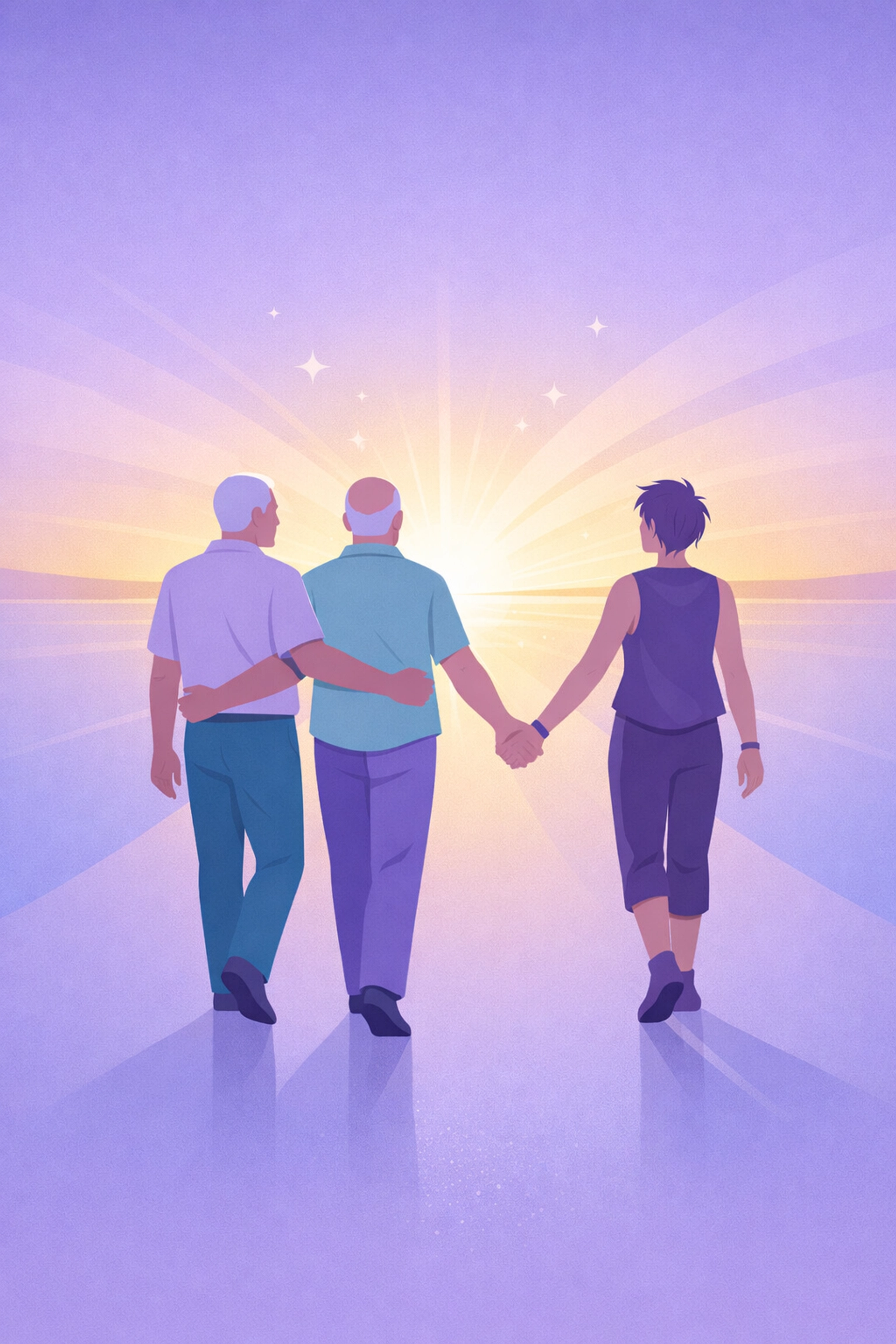 Older and younger queer people walking together, exploring the science of gender and the future of identity.