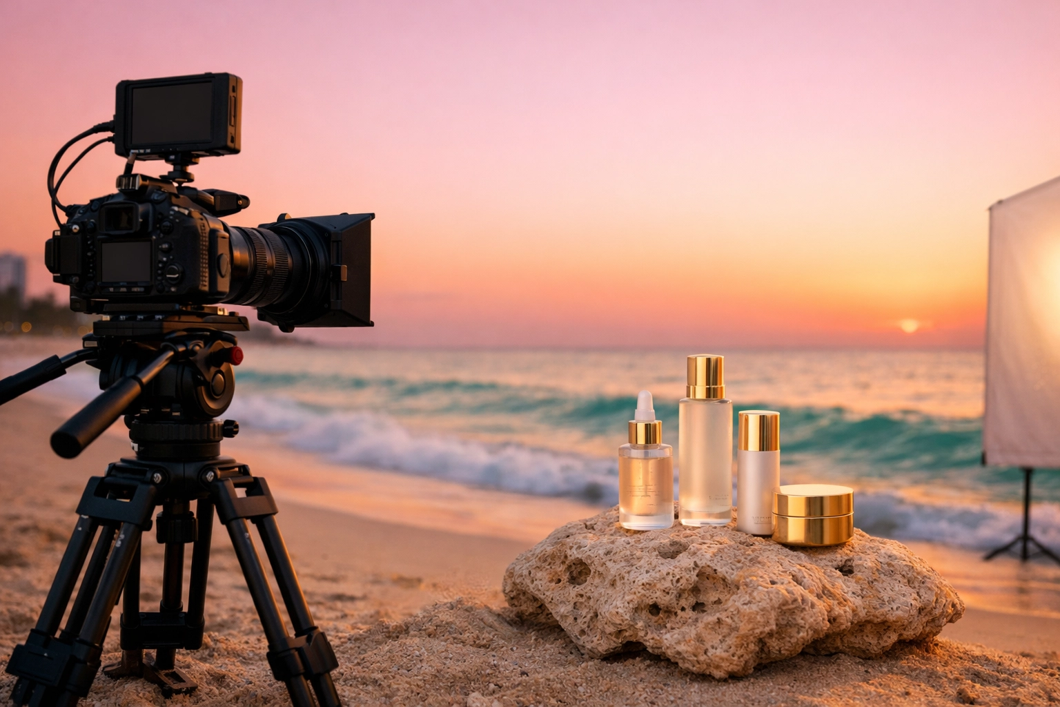 Professional product photography Miami setup on the beach at sunrise for a luxury skincare brand.