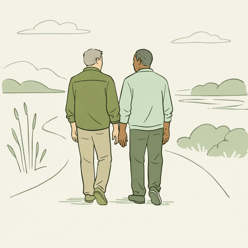 Two men in their 50s walking together, depicting a journey of self-discovery and finding peace in mid-life.