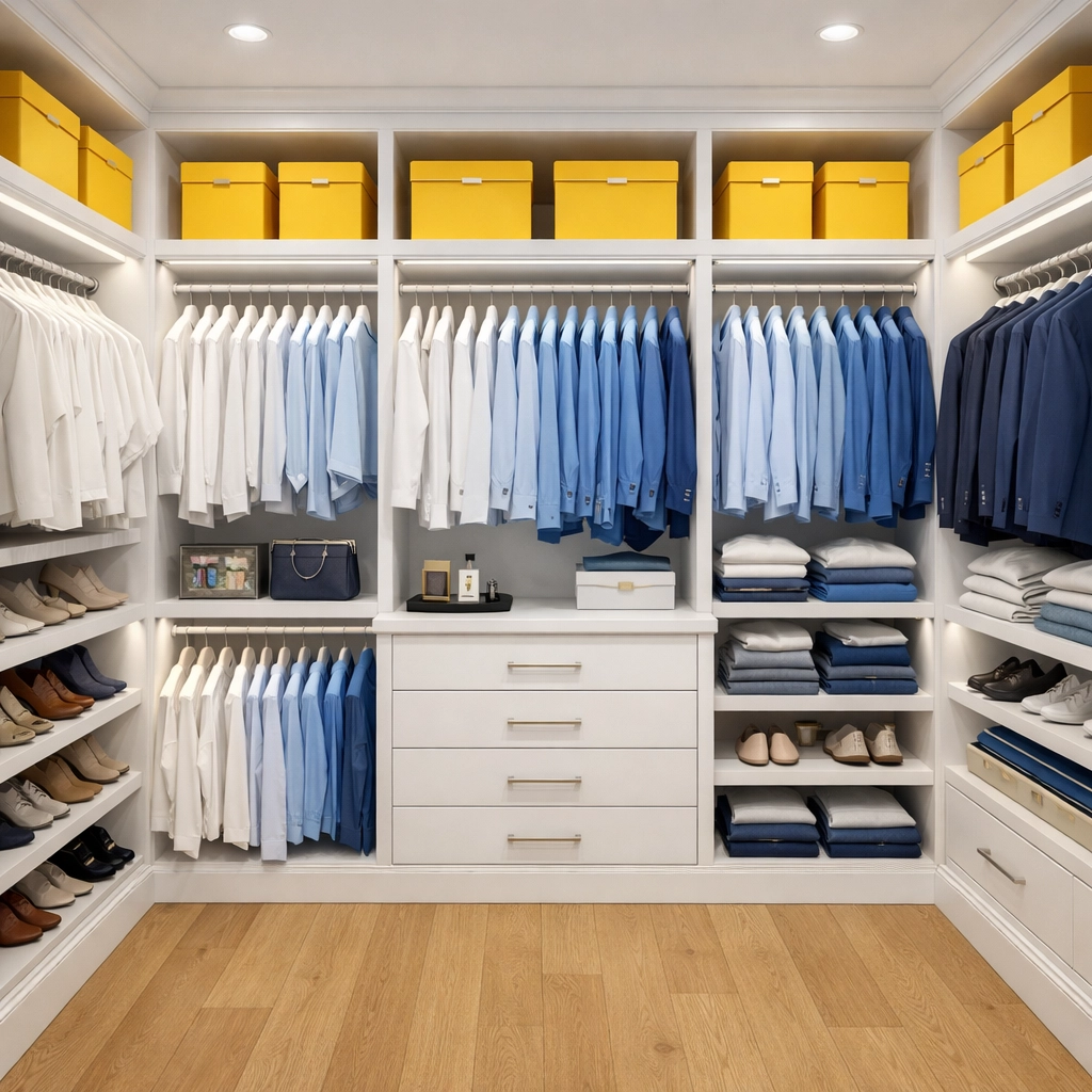 A perfectly organized and dust-free luxury walk-in closet in a modern Beacon Hill apartment.