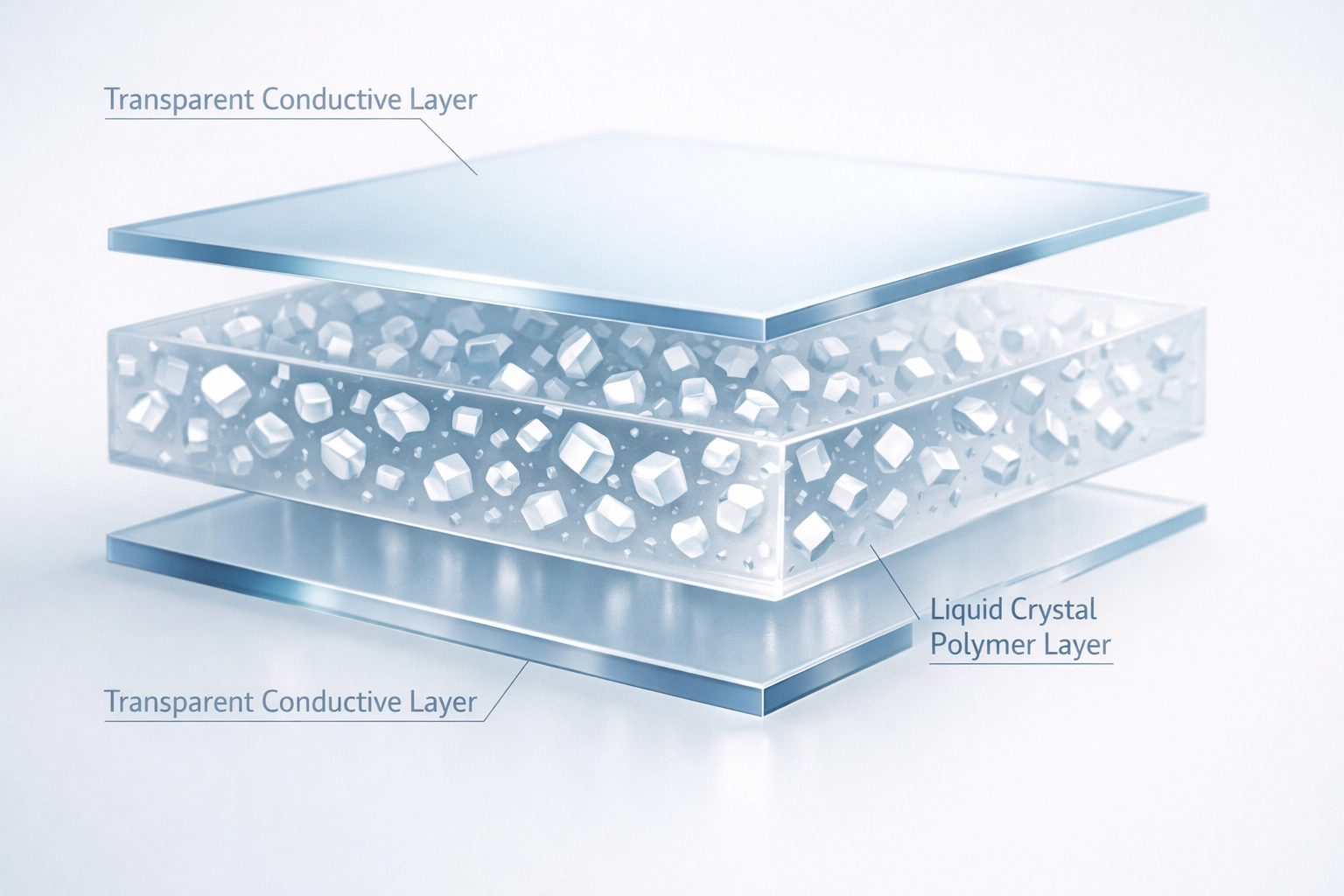 Smart film PDLC technology layers showing liquid crystals in polymer matrix