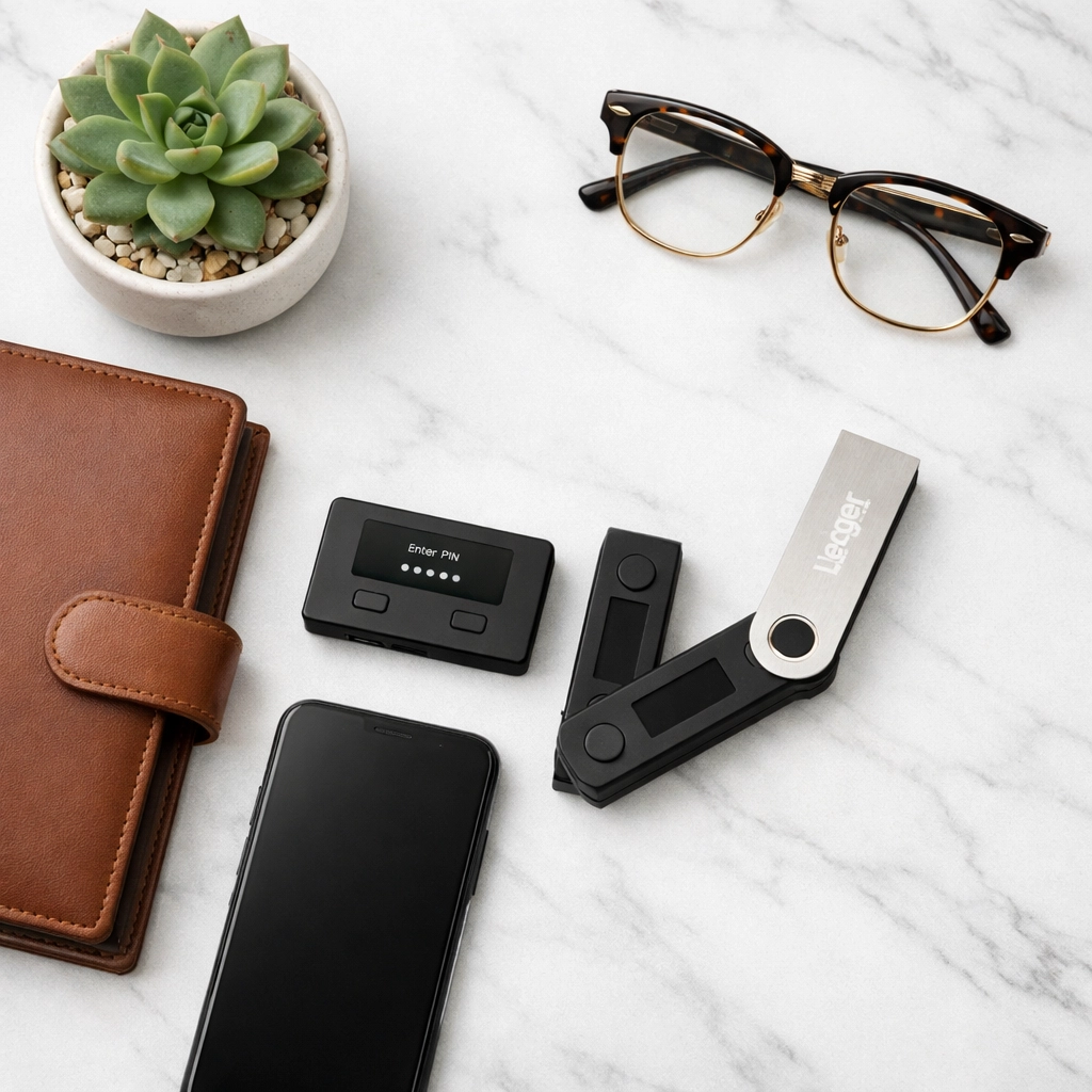 Modern flat lay of diverse crypto hardware wallets and tools for managing digital assets in 2026.