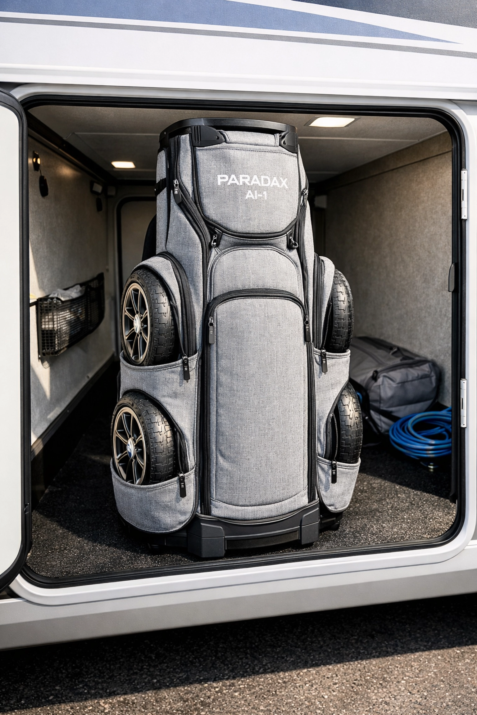 PARADAX AI-1 all in one golf bag with wheels detached inside an RV storage bay for a space-saving golf solution.