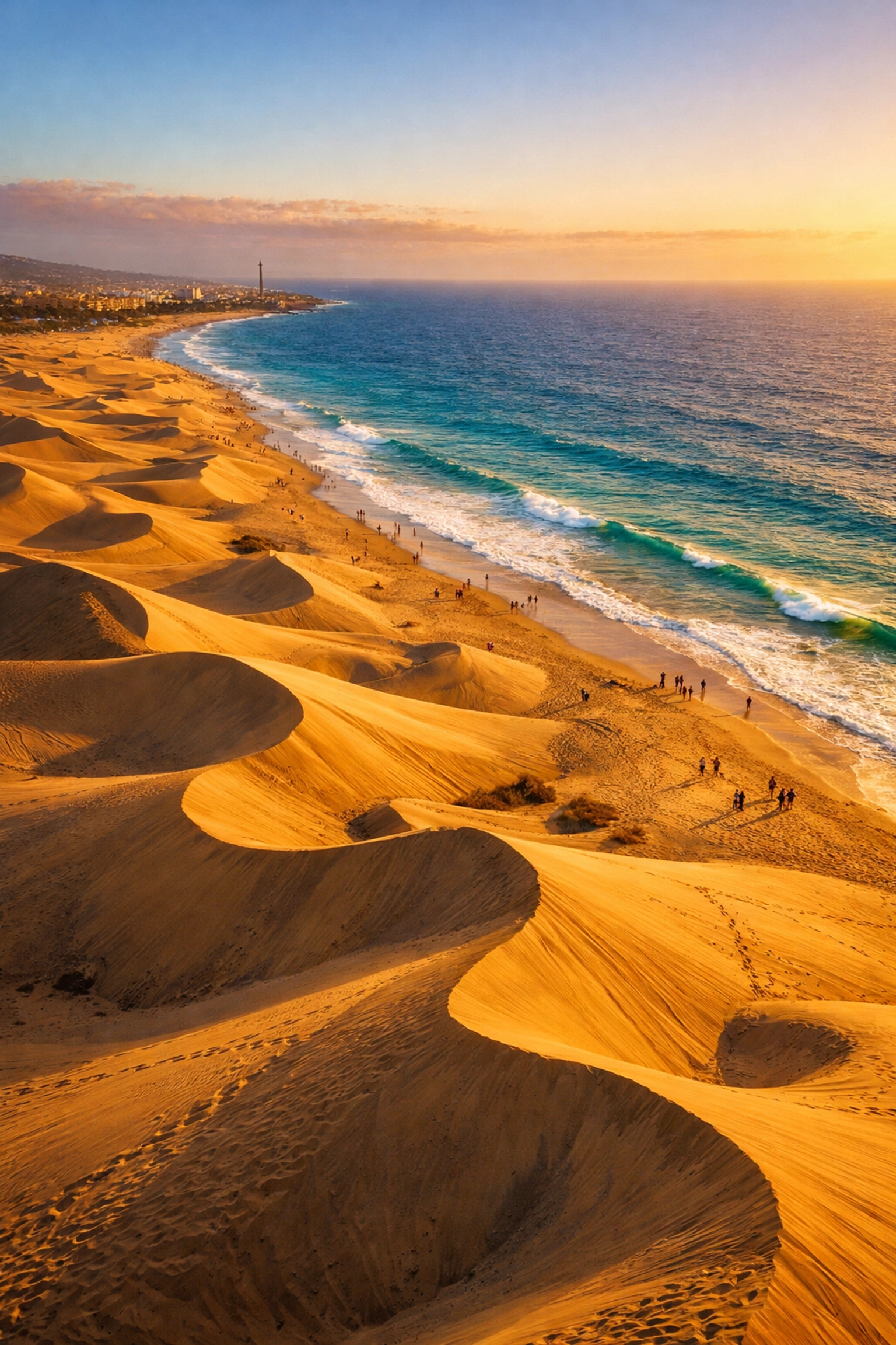 Aerial view of Maspalomas Dunes Gran Canaria with golden sand meeting Atlantic Ocean