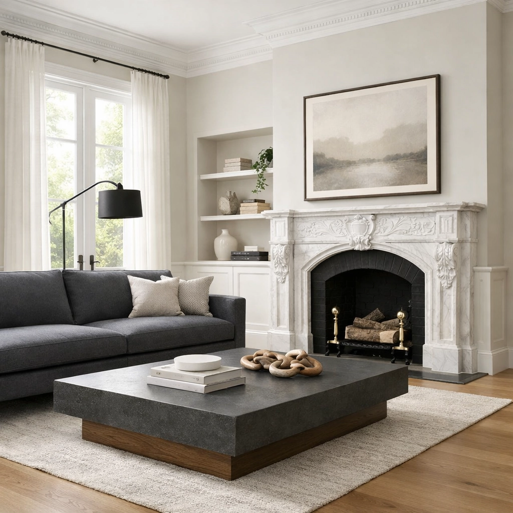 Transitional design living room with a marble fireplace and modern furniture, part of a home remodeling Orlando project.