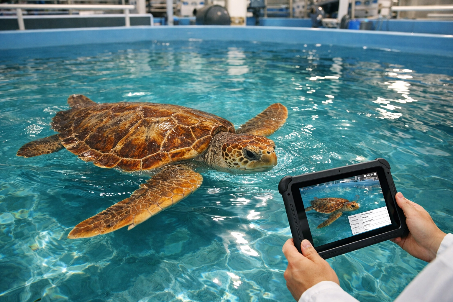 Rescued sea turtle in a rehabilitation pool monitored by a scientist for transparent conservation storytelling.
