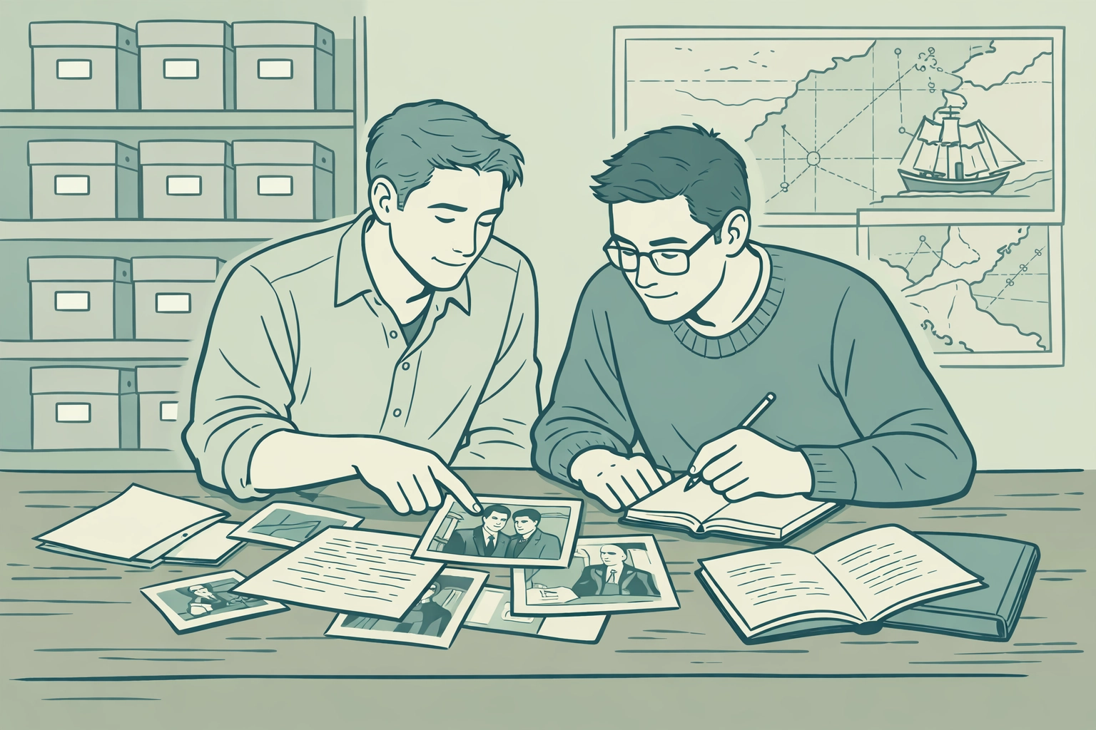 Gay couple researching queer history in coastal archive with vintage photographs