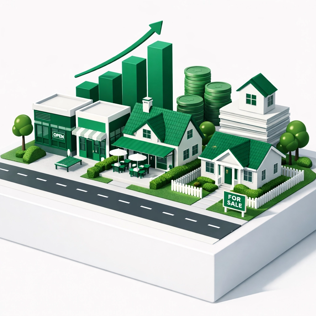 Visual representation of a mixed-use real estate portfolio with retail storefronts, a restaurant, and a home.