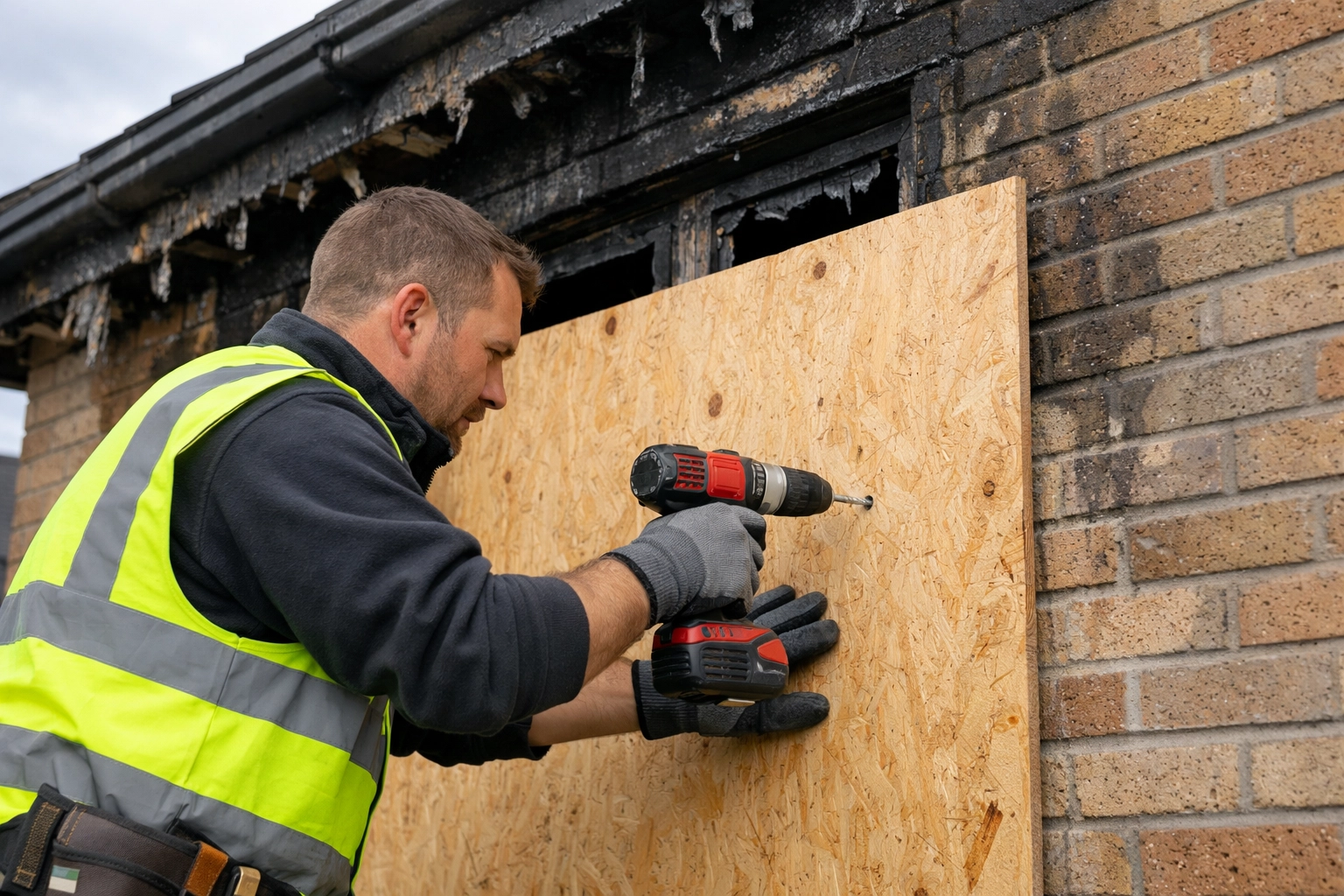Professional securing a fire-damaged home with plywood to prevent secondary water damage restoration needs.