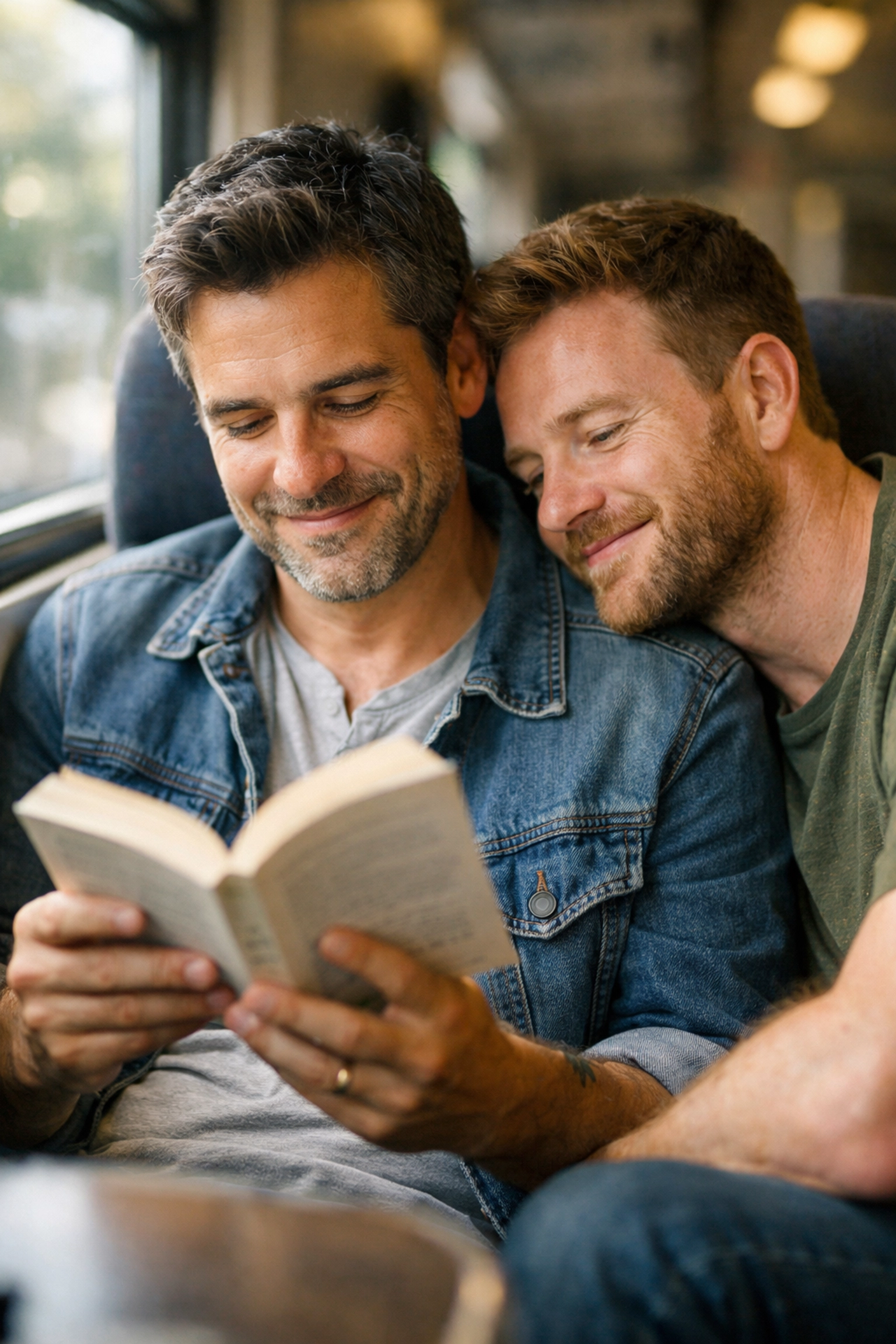 Gay couple reading MM romance book together during travel journey