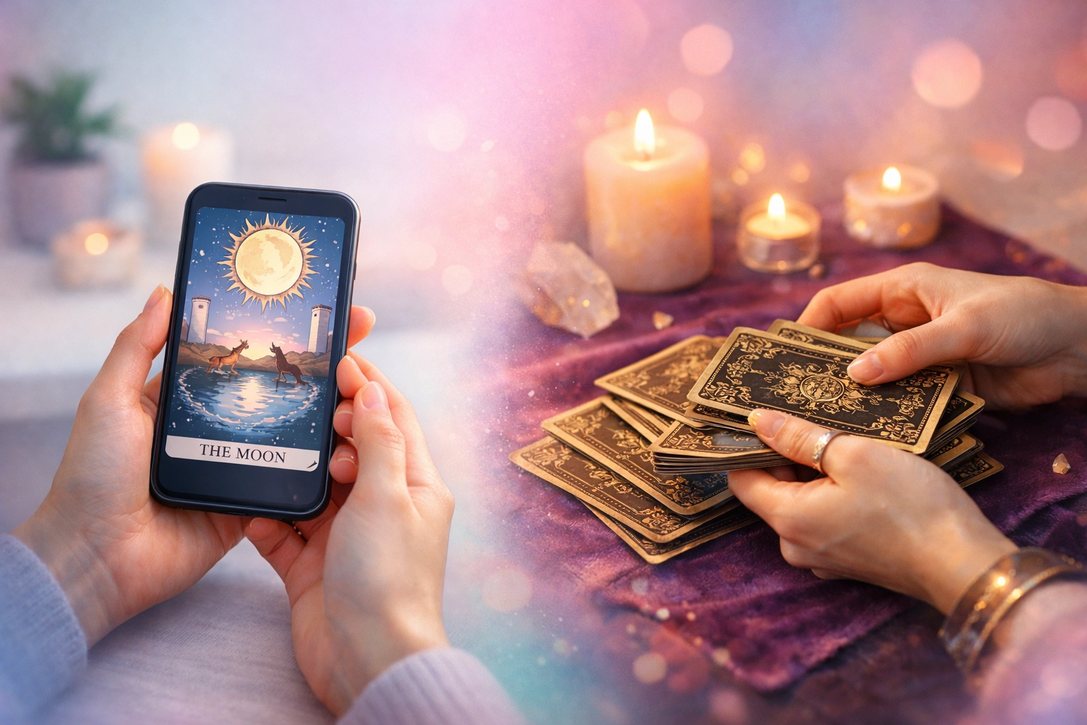 Comparison of online tarot reading on phone versus in-person tarot cards being shuffled by hand