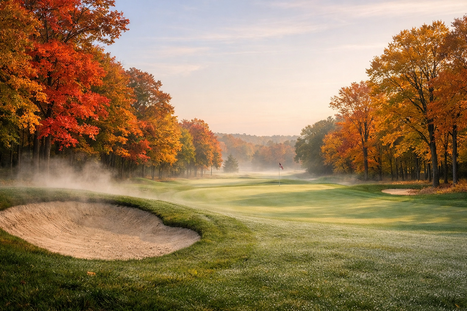Scenic Michigan golf course during autumn, showcasing the beauty of Midwest golf tournament locations.