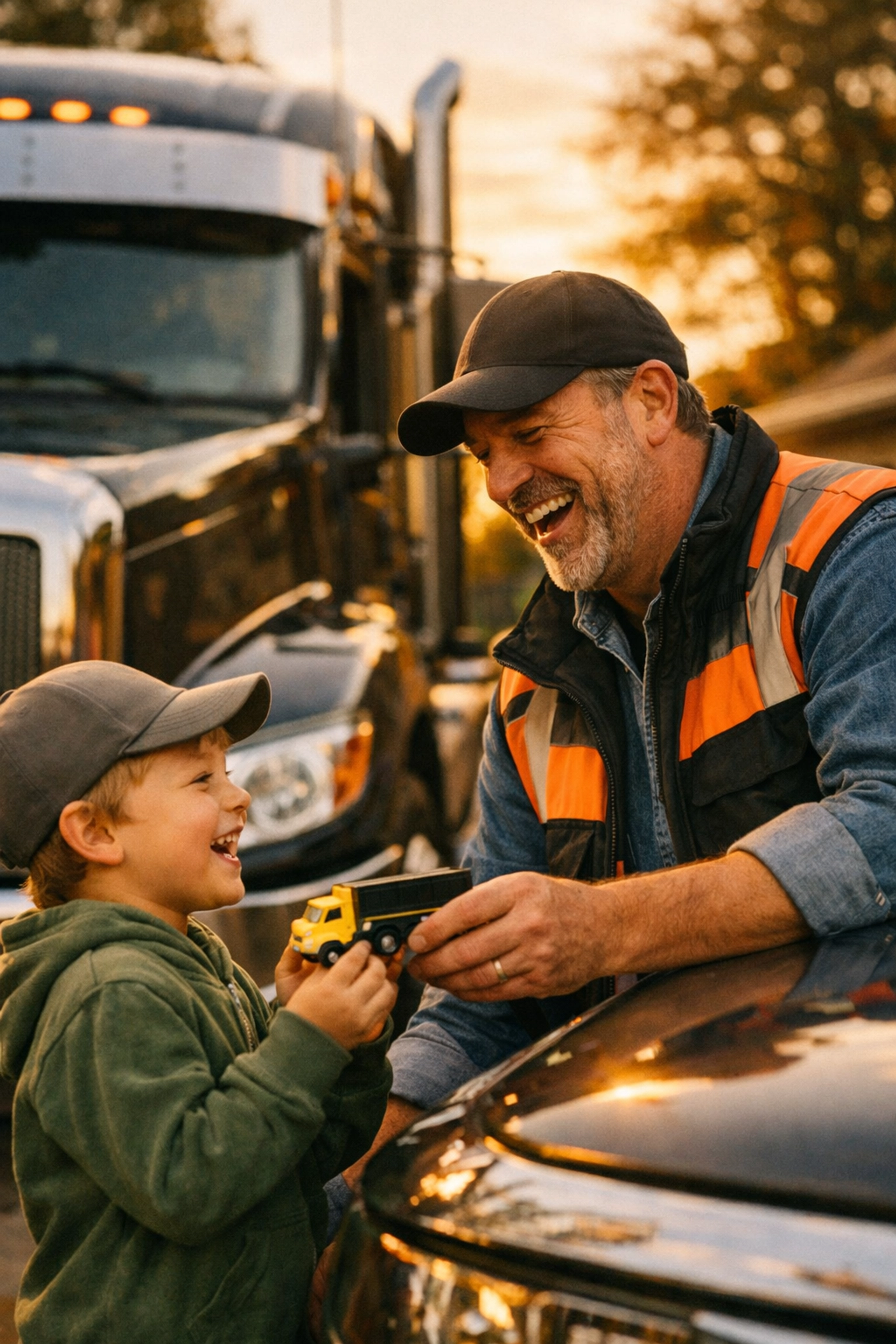 Professional truck driver sharing a moment with a child, highlighting authentic trucking company culture.