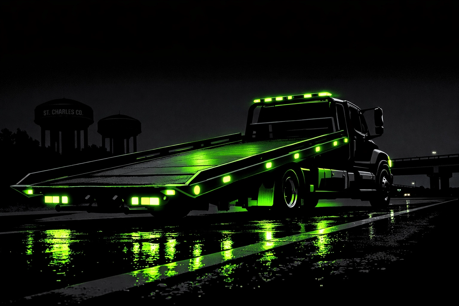 Flatbed tow truck on a dark Missouri highway providing emergency recovery in Wentzville.