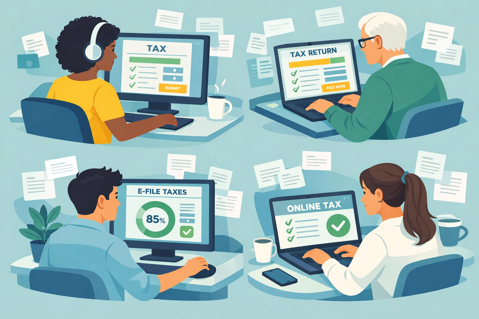 People using IRS Free File tax software on computers to file 2026 tax returns for free