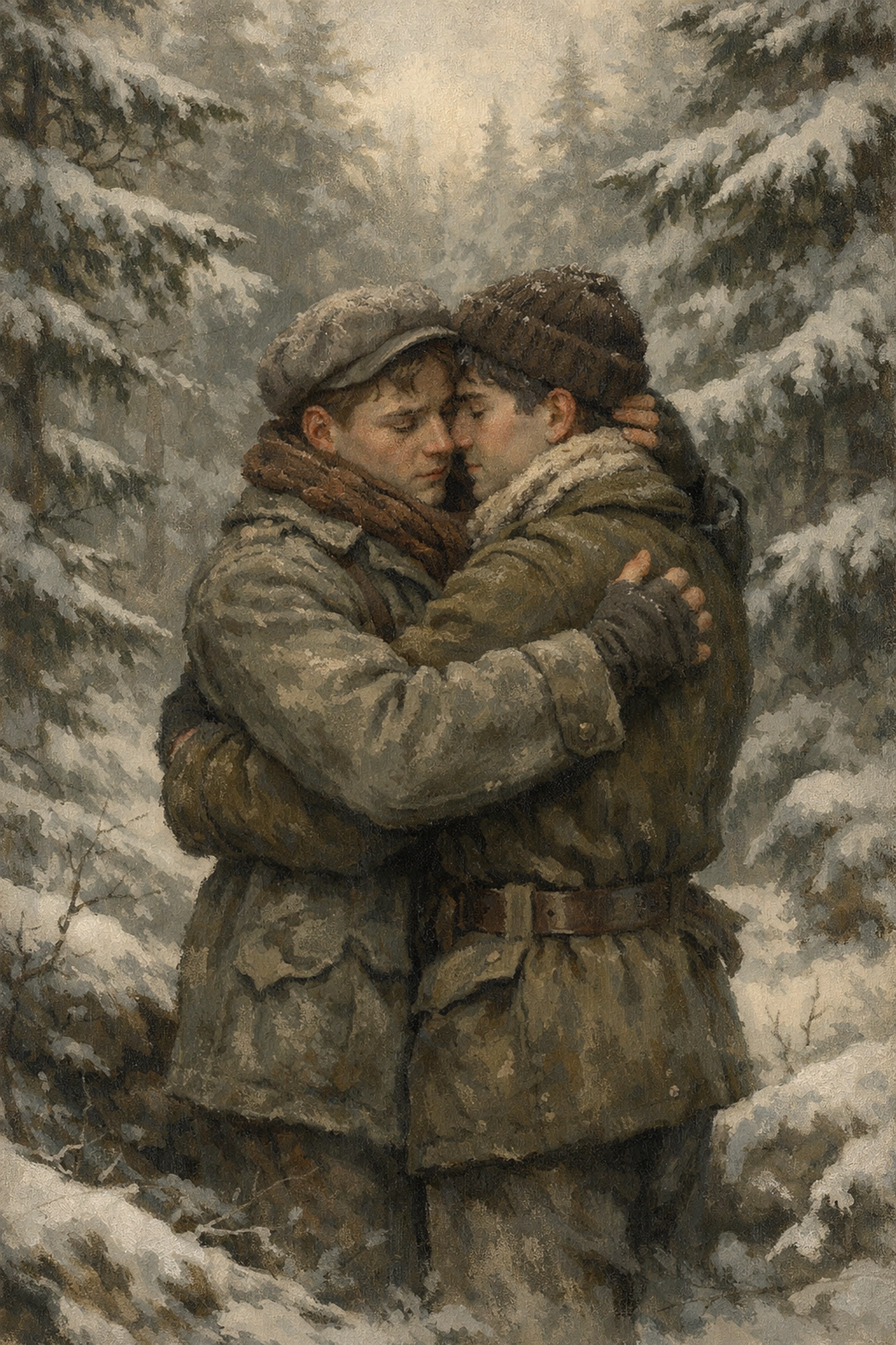 Two men embrace in secret Norwegian forest during World War II wartime romance