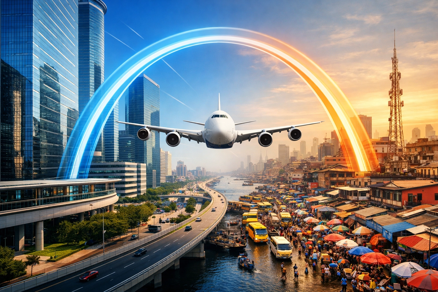 Cargo plane connecting Houston and Lagos cityscapes, symbolizing global logistics and US-Nigeria trade.