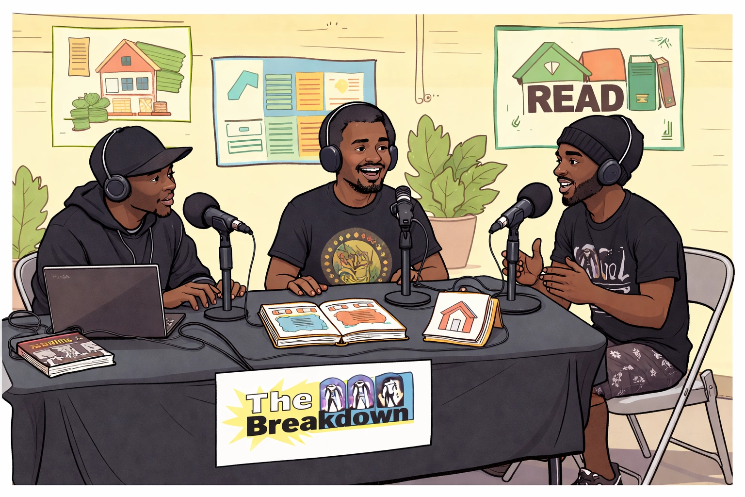 Comic-style illustration of BIPOC men recording a podcast with microphones and headphones, with a book and small homeownership notes on the table (no real photo)