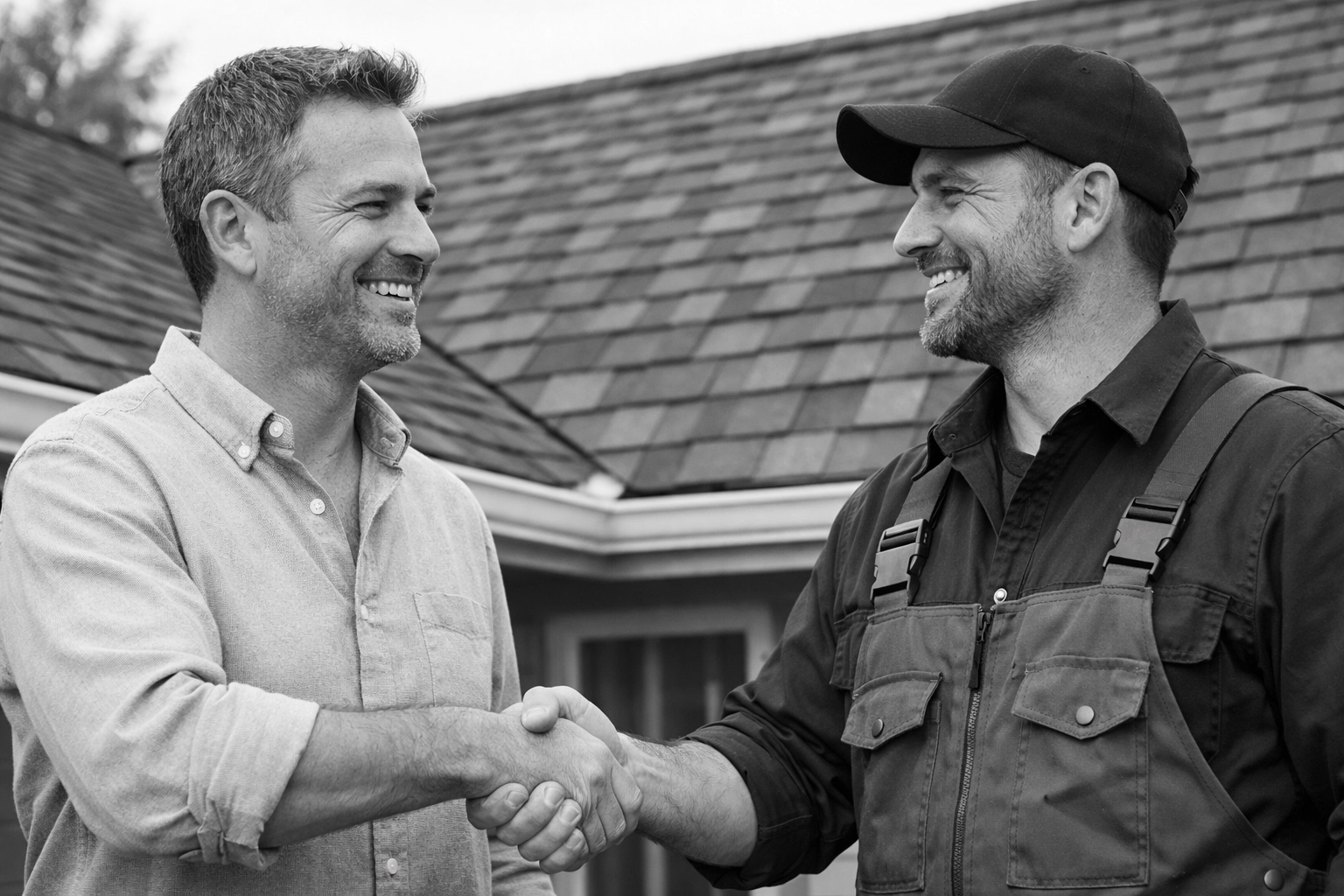 Roofing contractor and satisfied homeowner after successful roof completion