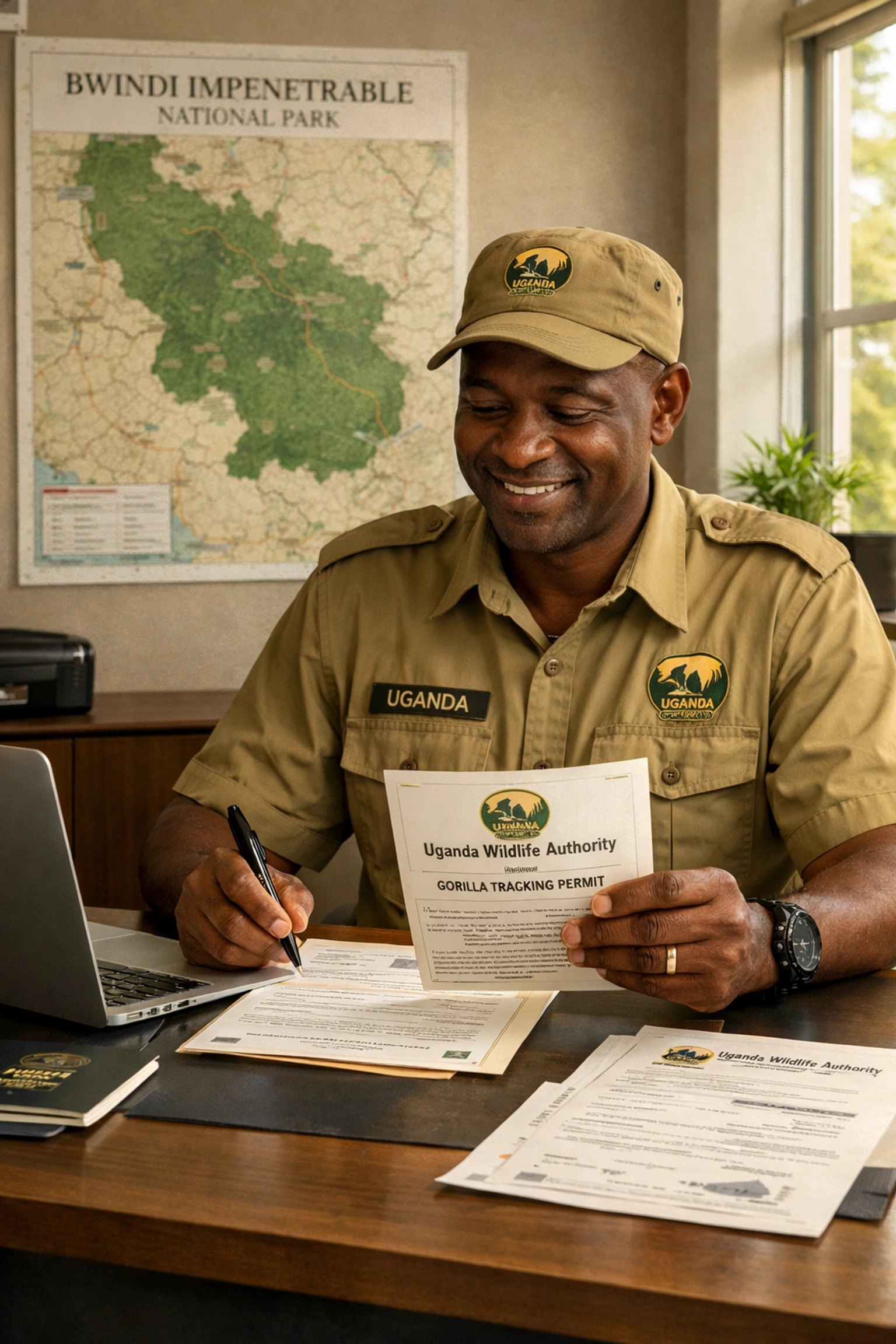 Licensed Uganda tour operator reviewing official gorilla permit documents and credentials